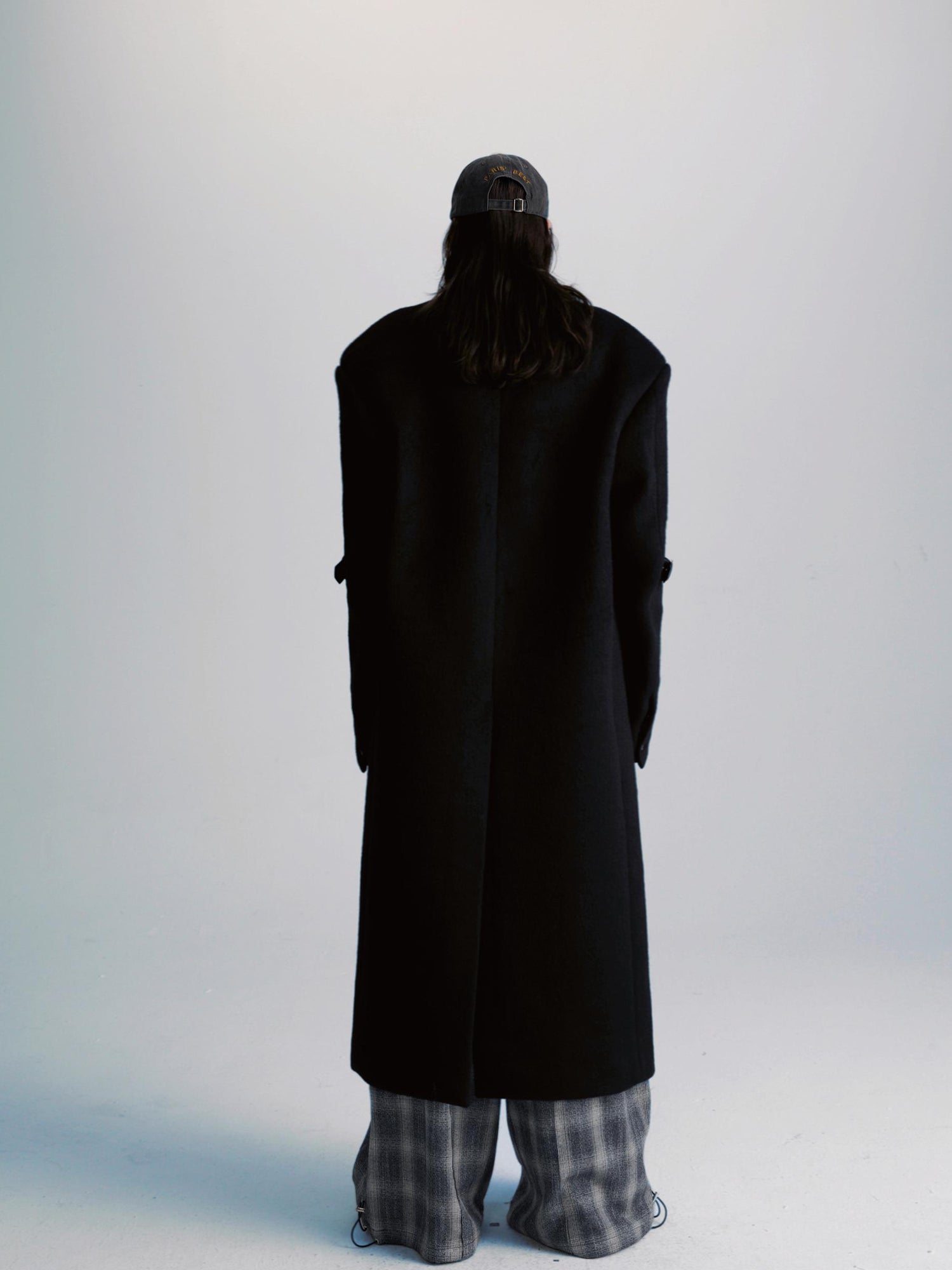 commonce net Black Patchwork Wool Blend Long Coat With Leather Sleeve Detail