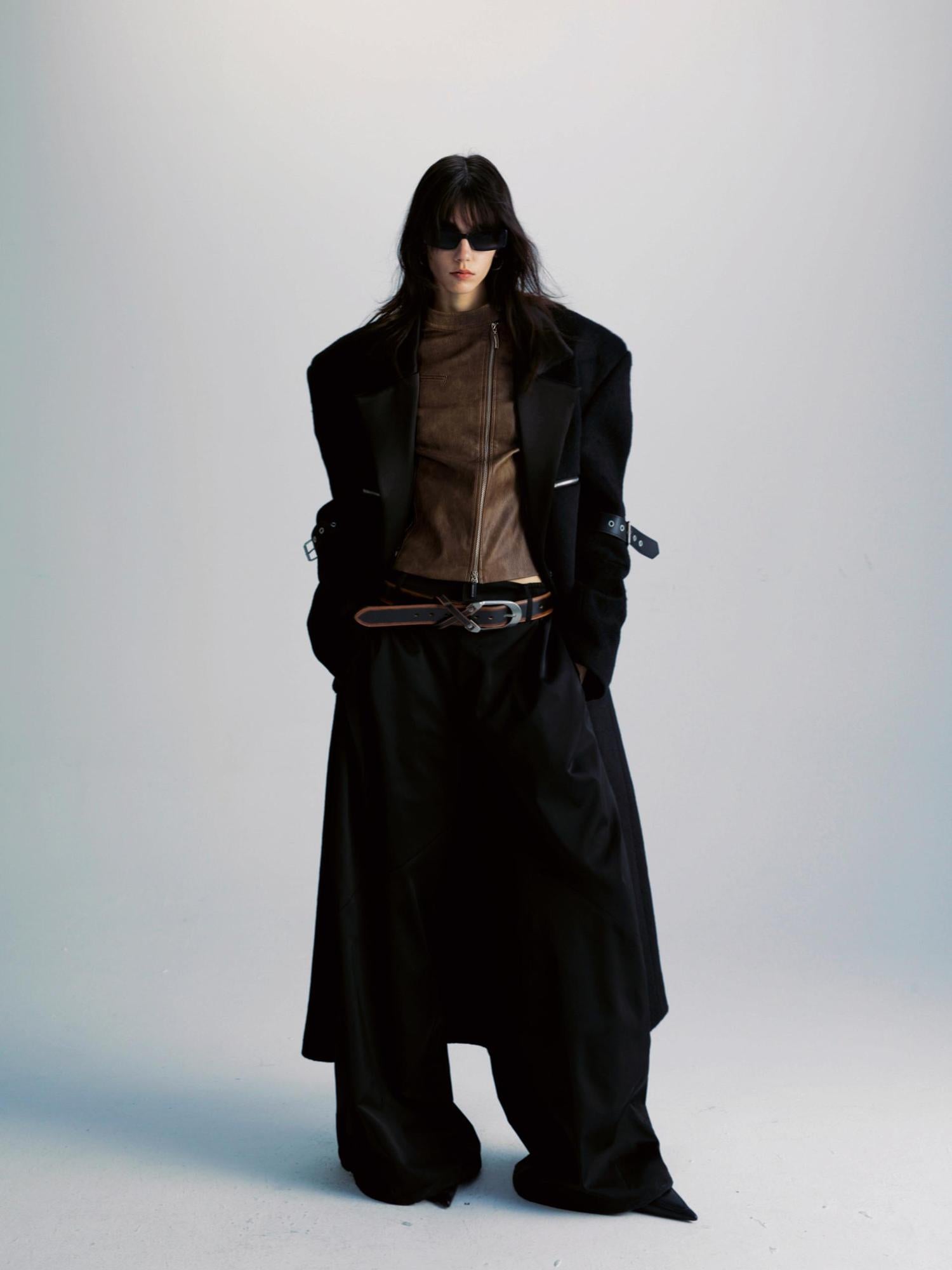 commonce net Black Patchwork Wool Blend Long Coat With Leather Sleeve Detail