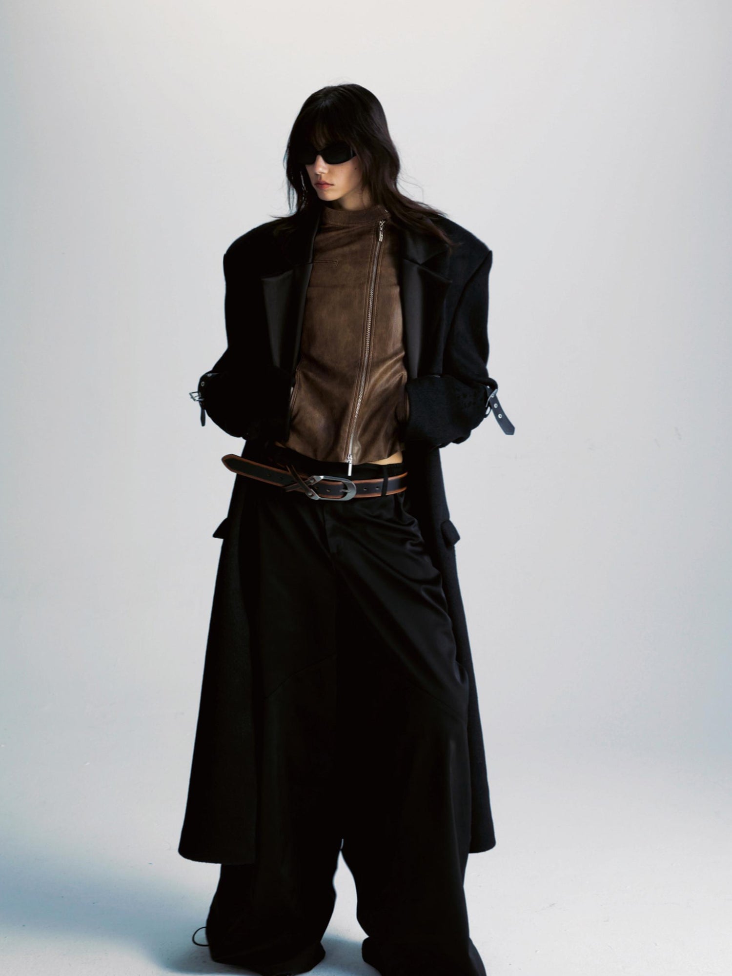 commonce net Black Patchwork Wool Blend Long Coat With Leather Sleeve Detail