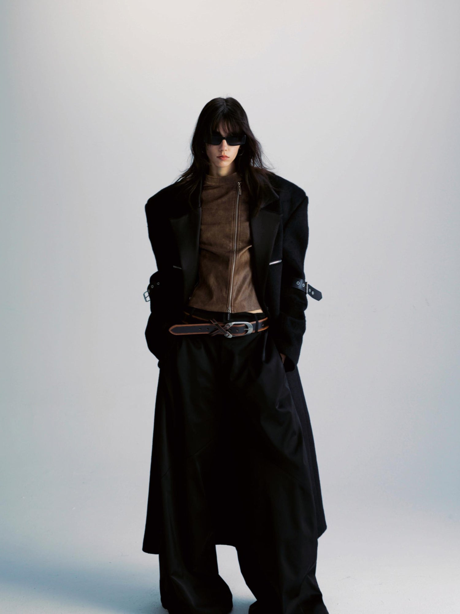 commonce net Black Patchwork Wool Blend Long Coat With Leather Sleeve Detail