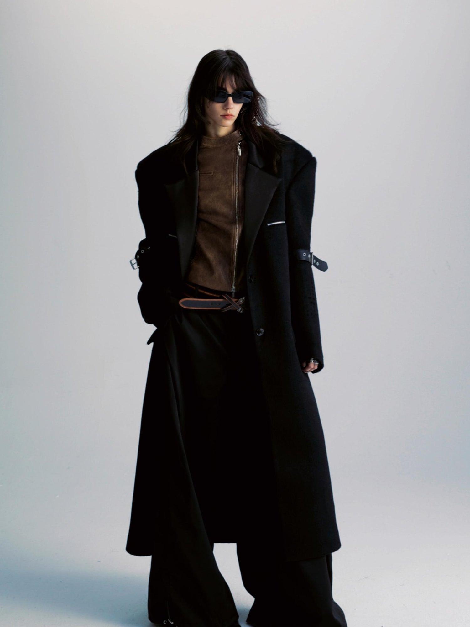 commonce net Black Patchwork Wool Blend Long Coat With Leather Sleeve Detail