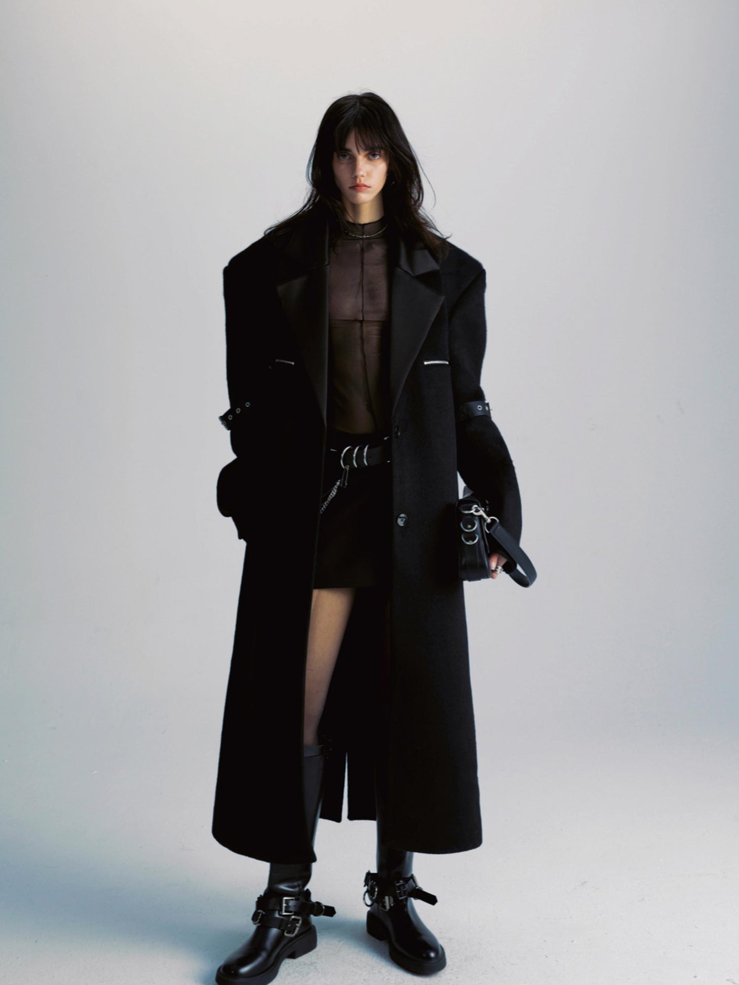 commonce net Black Patchwork Wool Blend Long Coat With Leather Sleeve Detail