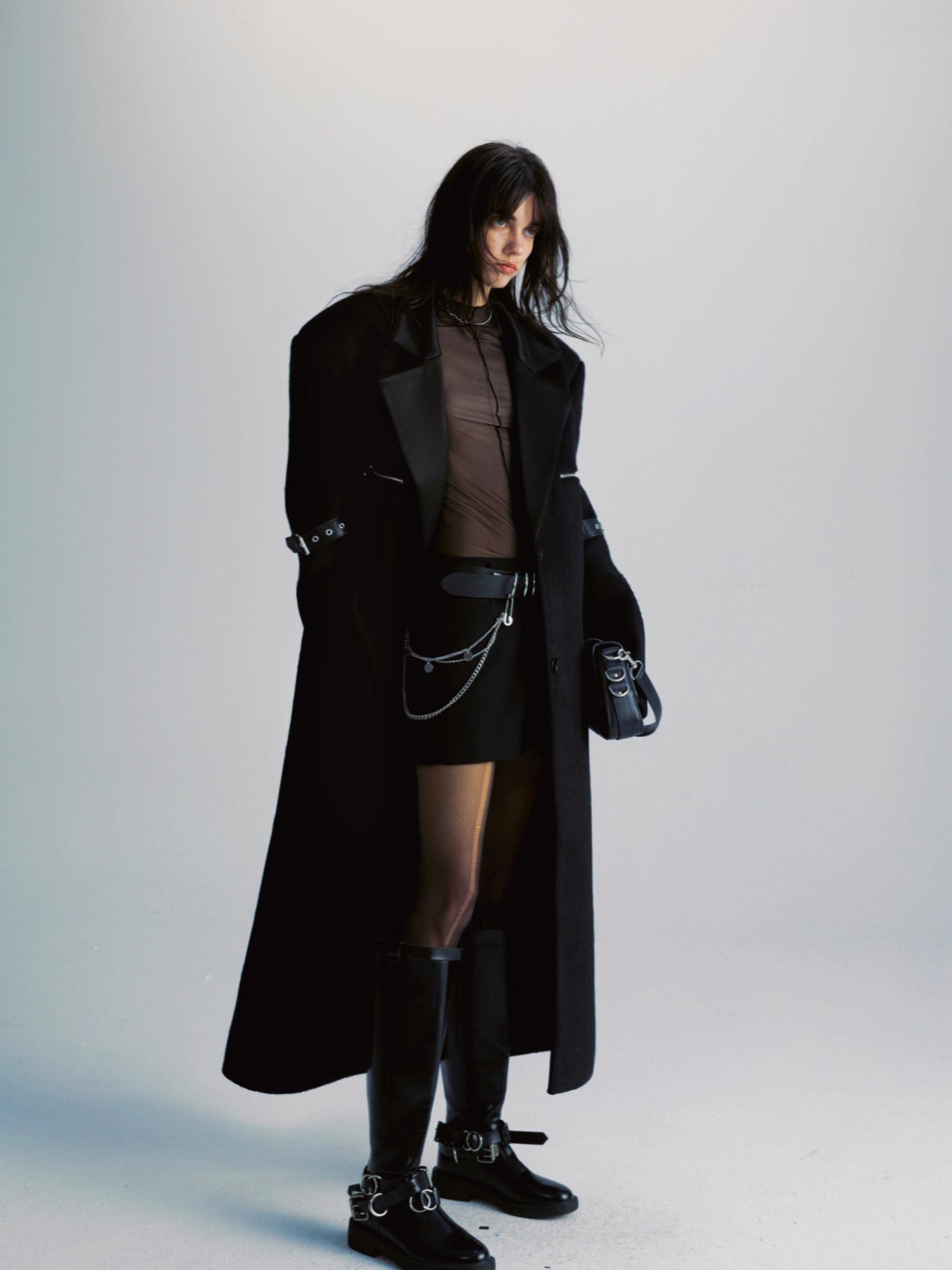 commonce net Black Patchwork Wool Blend Long Coat With Leather Sleeve Detail