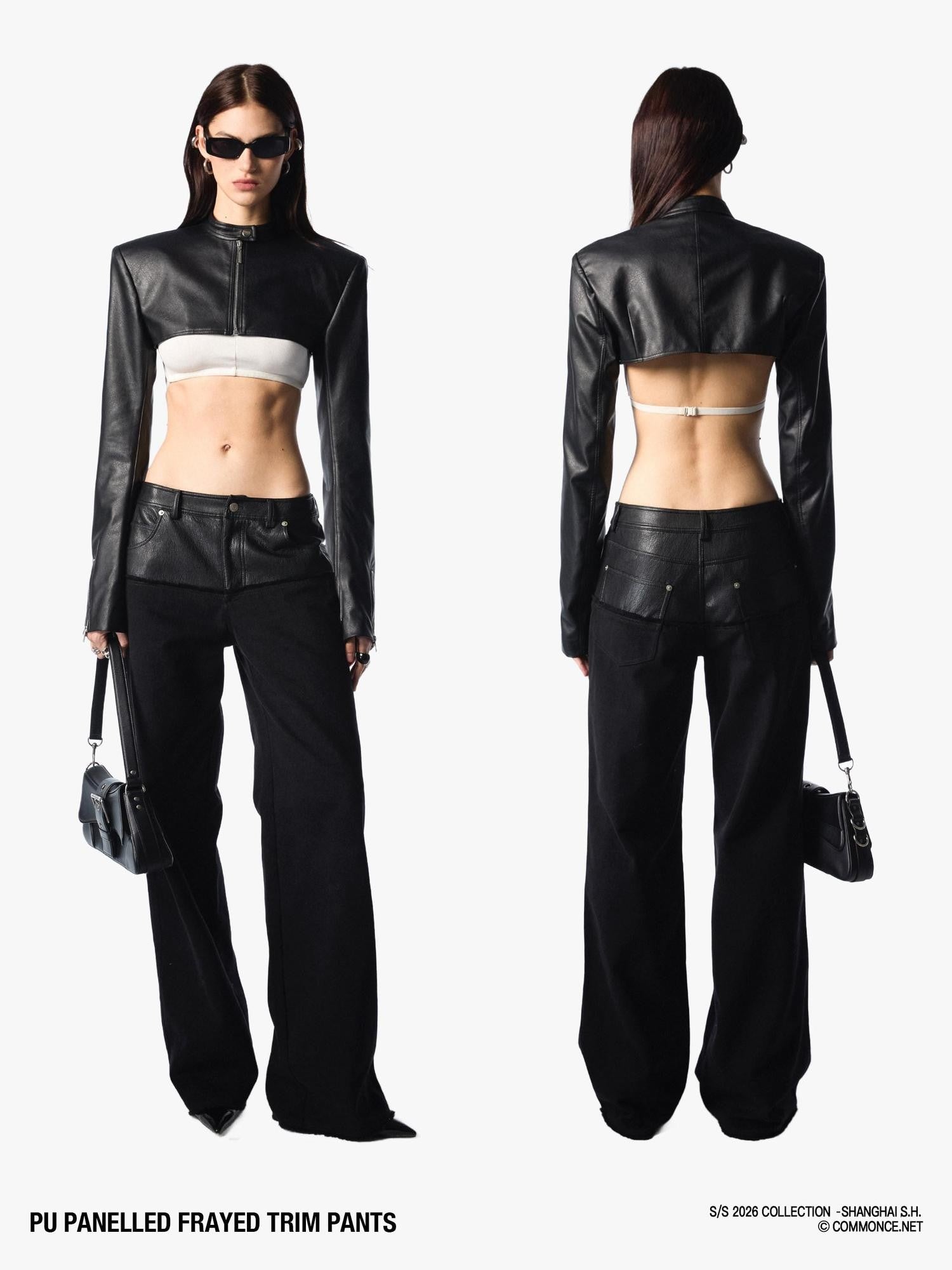 commonce net Black Pu Leather Spliced Frayed Edge Mid Rise Women&