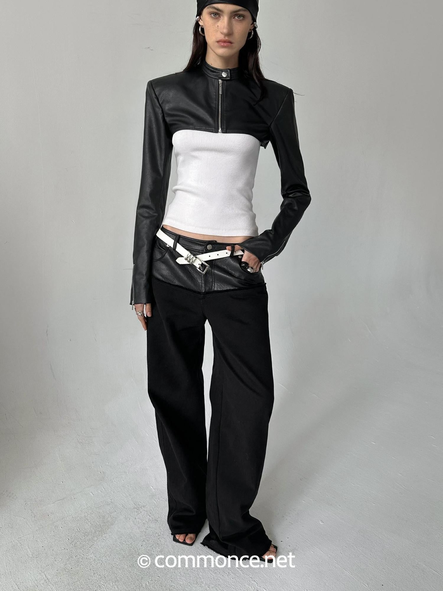 commonce net Black Pu Leather Spliced Frayed Edge Mid Rise Women&
