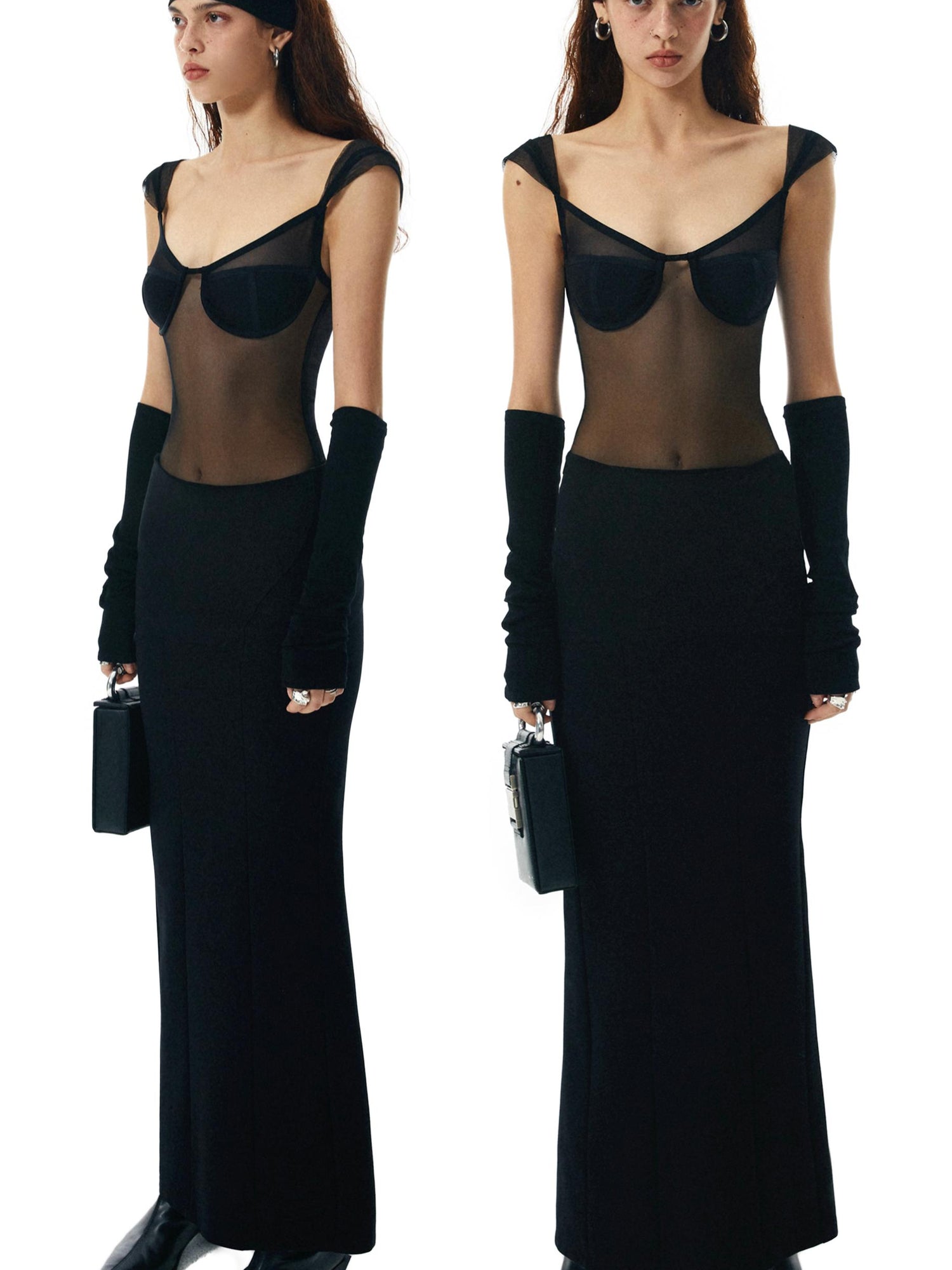 commonce net Black Sheer Mesh Paneled Bustier Bodysuit