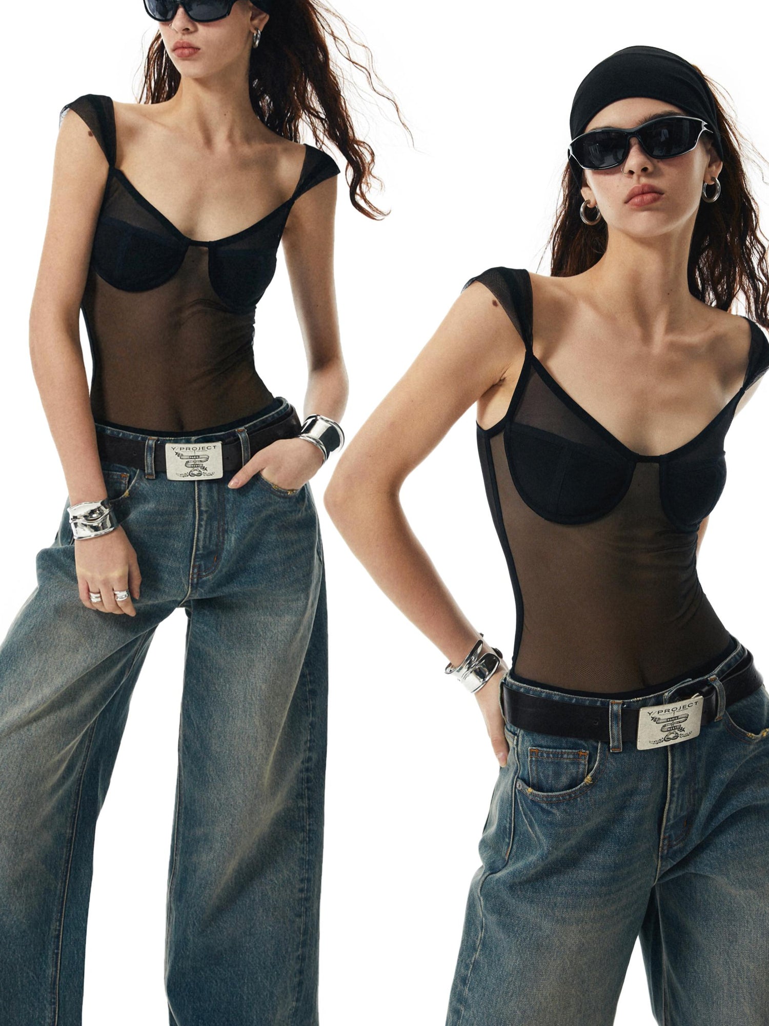 commonce net Black Sheer Mesh Paneled Bustier Bodysuit