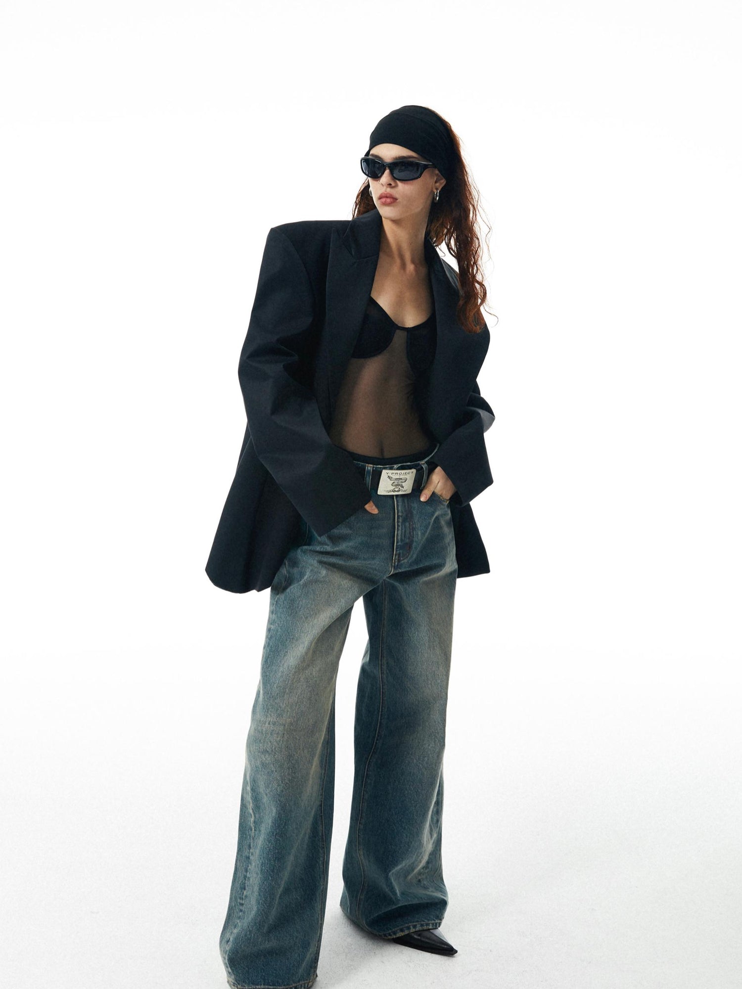 commonce net Black Sheer Mesh Paneled Bustier Bodysuit