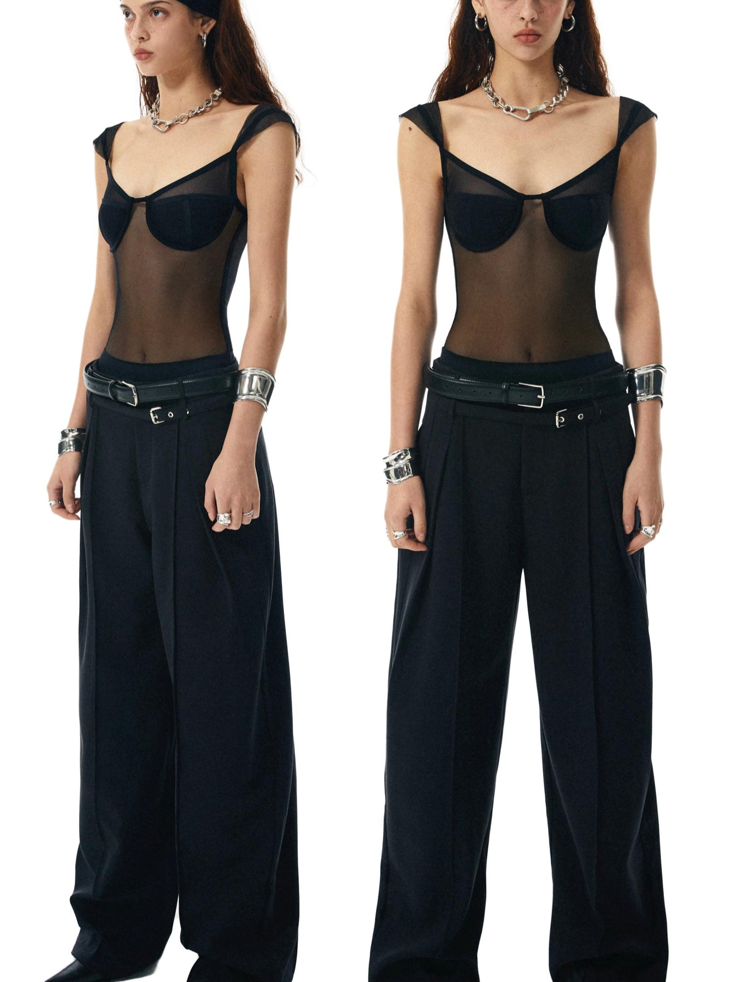 commonce net Black Sheer Mesh Paneled Bustier Bodysuit