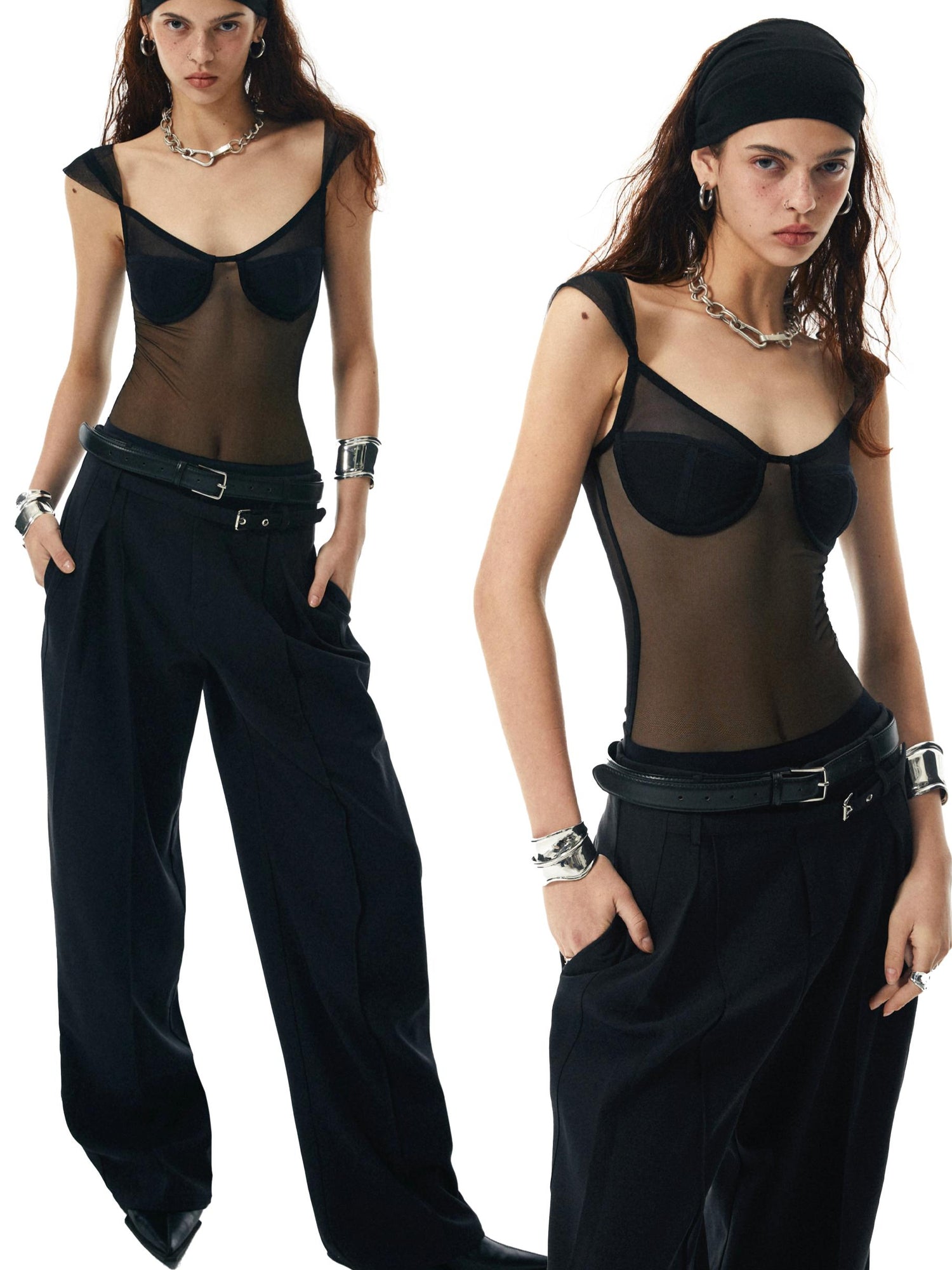 commonce net Black Sheer Mesh Paneled Bustier Bodysuit