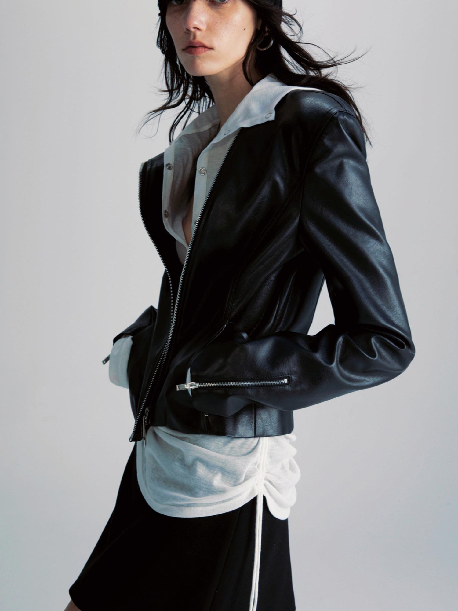 commonce net Black Two Way Diagonal Zip Pu Leather Biker Jacket