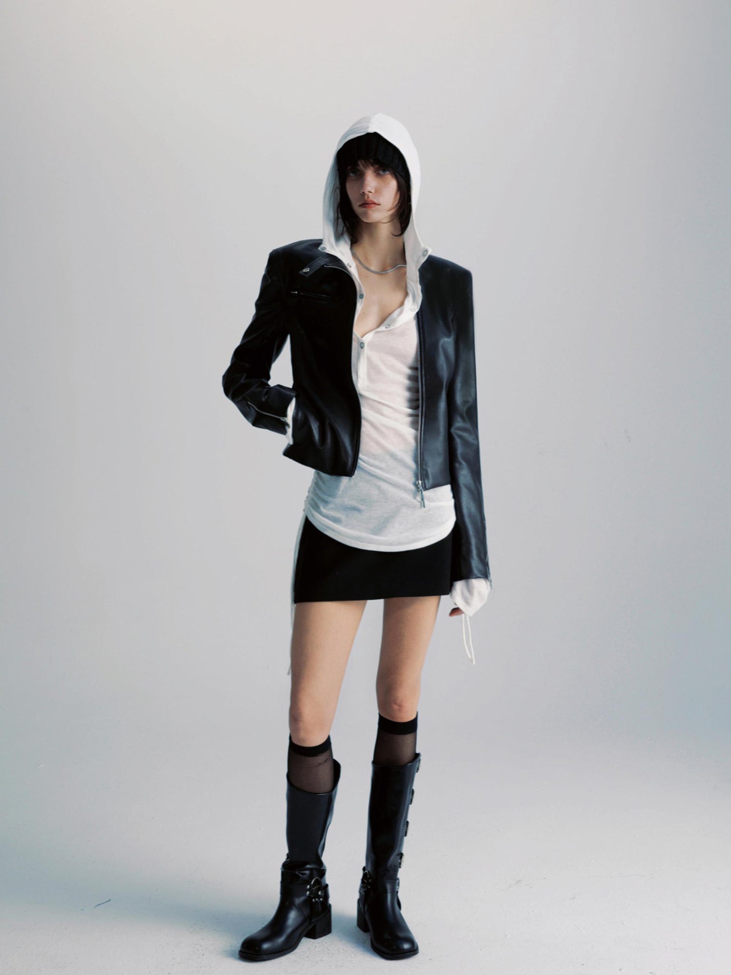 commonce net Black Two Way Diagonal Zip Pu Leather Biker Jacket