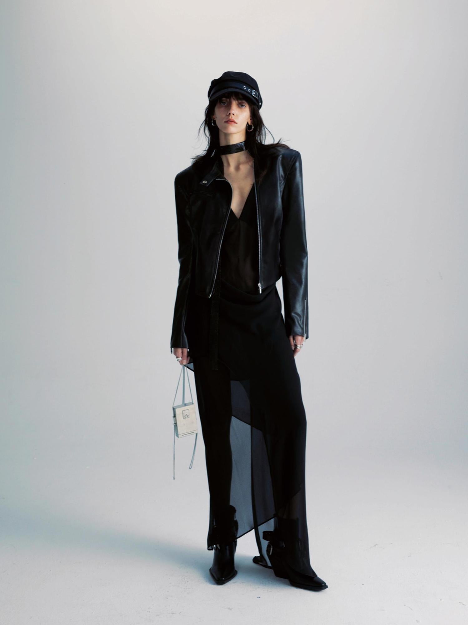 commonce net Black Two Way Diagonal Zip Pu Leather Biker Jacket