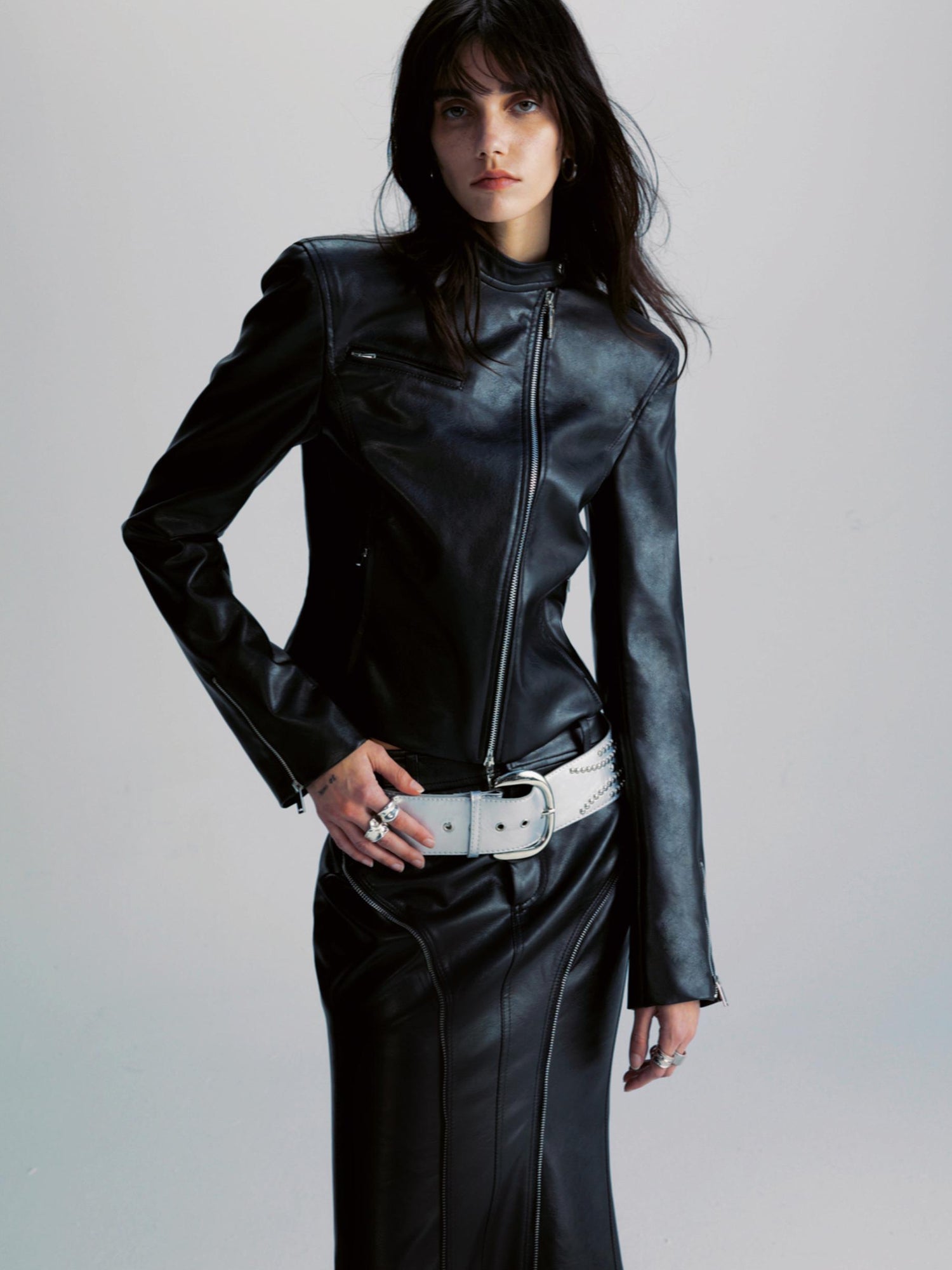 commonce net Black Two Way Diagonal Zip Pu Leather Biker Jacket