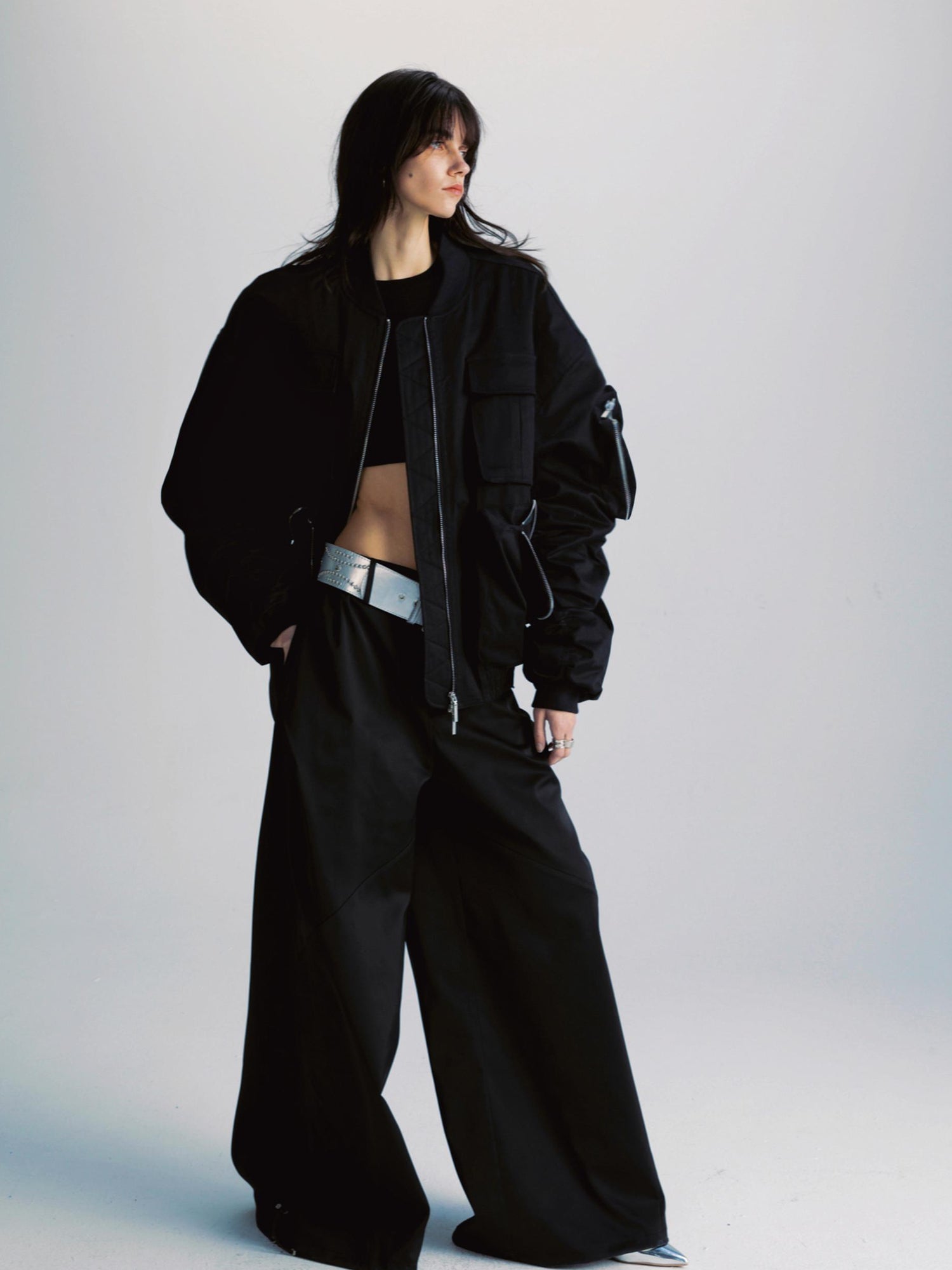 commonce net Black Wide Leg Pleated Pants with Drawstring Hem
