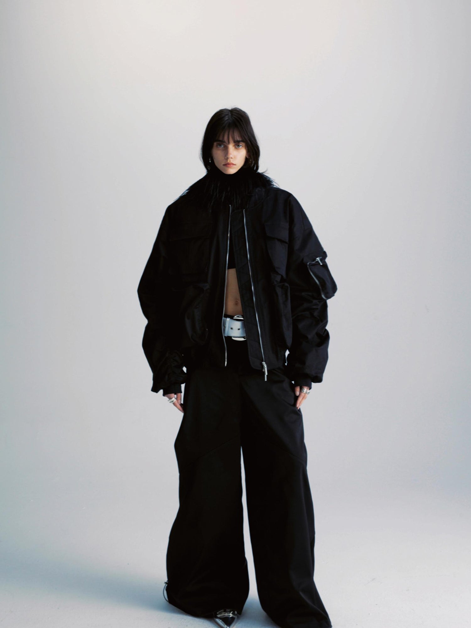 commonce net Black Wide Leg Pleated Pants with Drawstring Hem