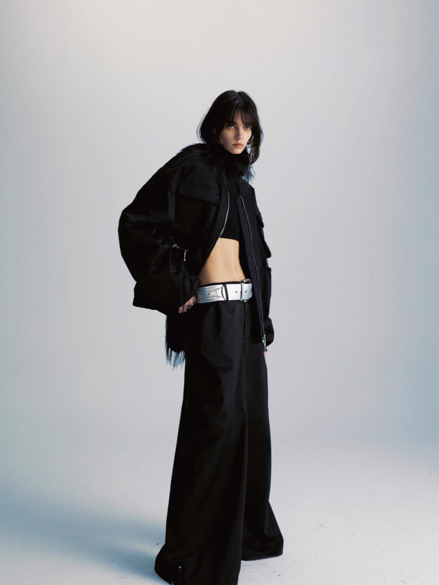 commonce net Black Wide Leg Pleated Pants with Drawstring Hem