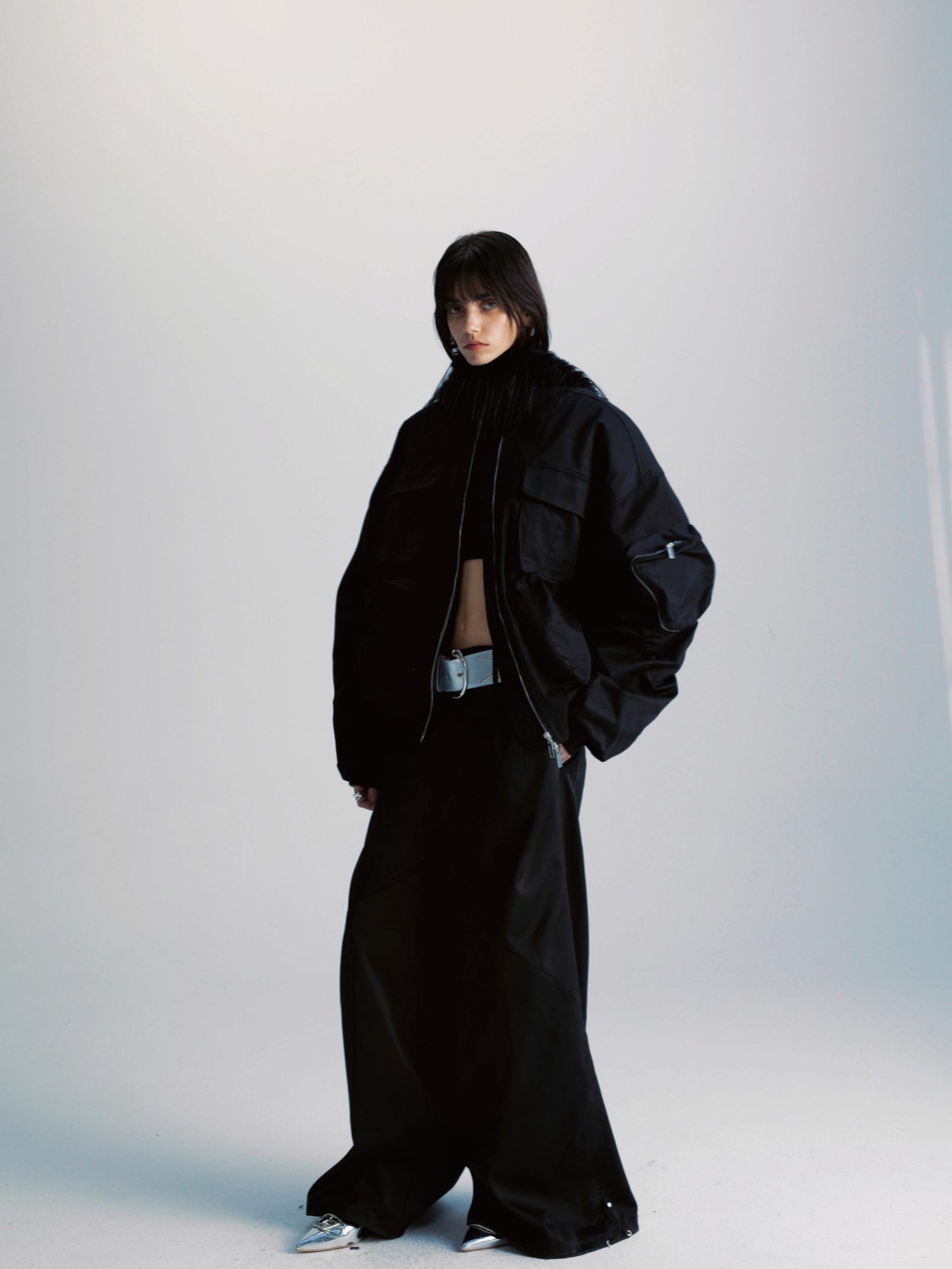 commonce net Black Wide Leg Pleated Pants with Drawstring Hem