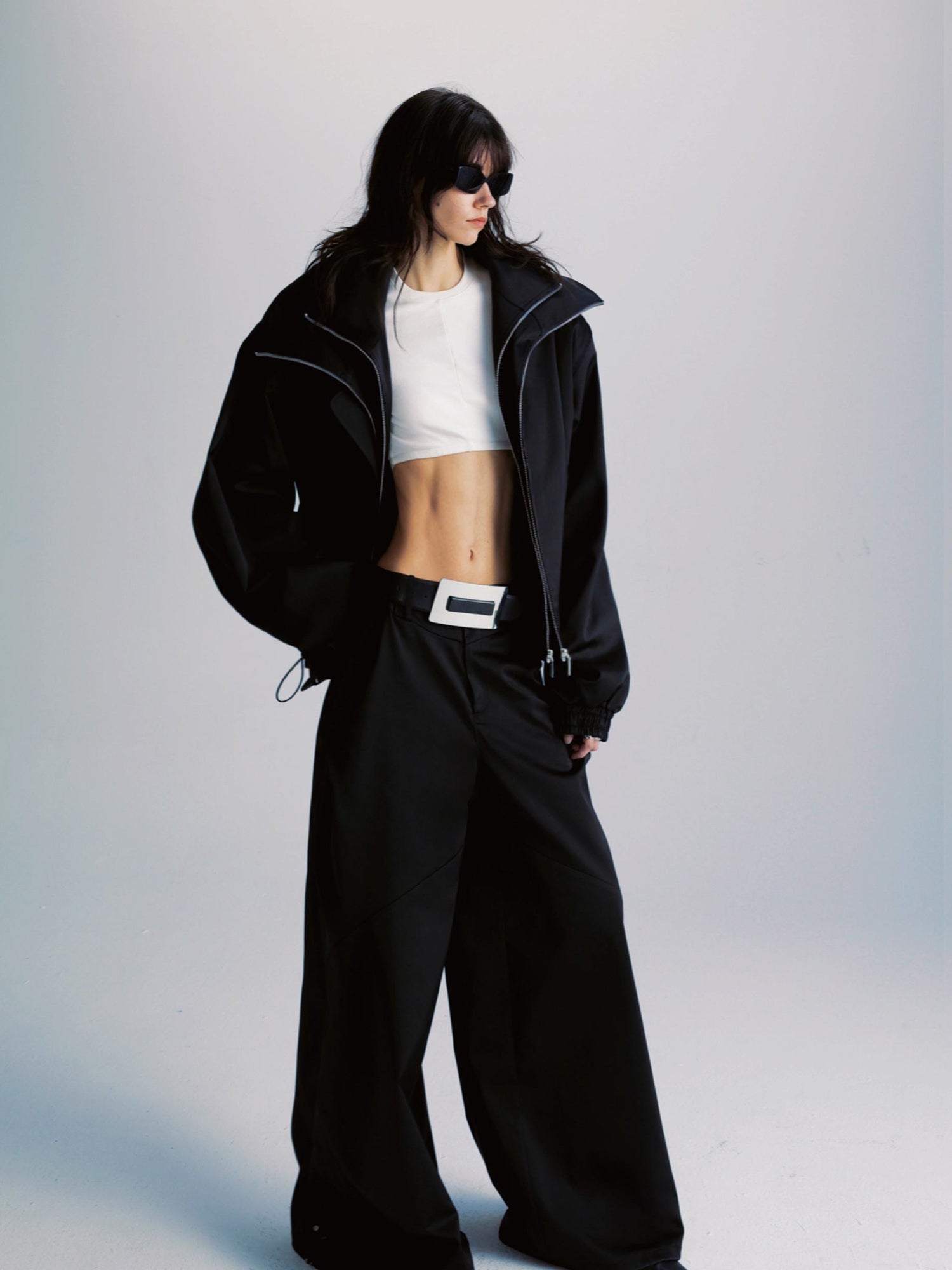 commonce net Black Wide Leg Pleated Pants with Drawstring Hem