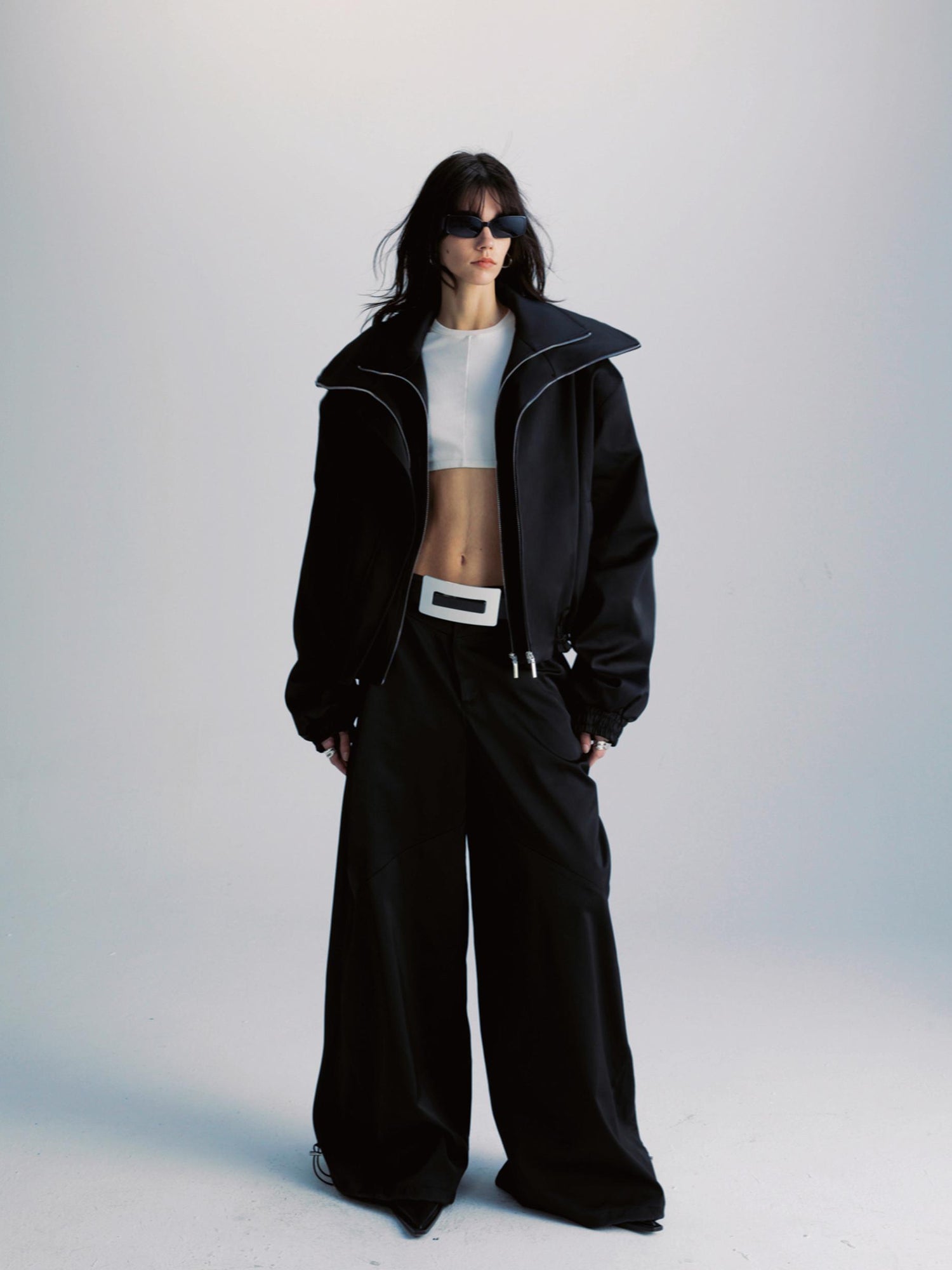 commonce net Black Wide Leg Pleated Pants with Drawstring Hem