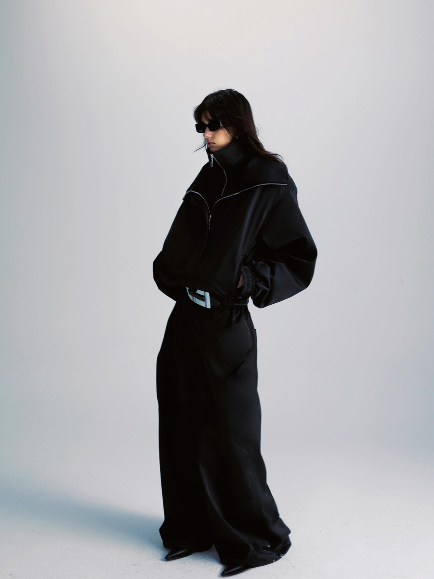 commonce net Black Wide Leg Pleated Pants with Drawstring Hem