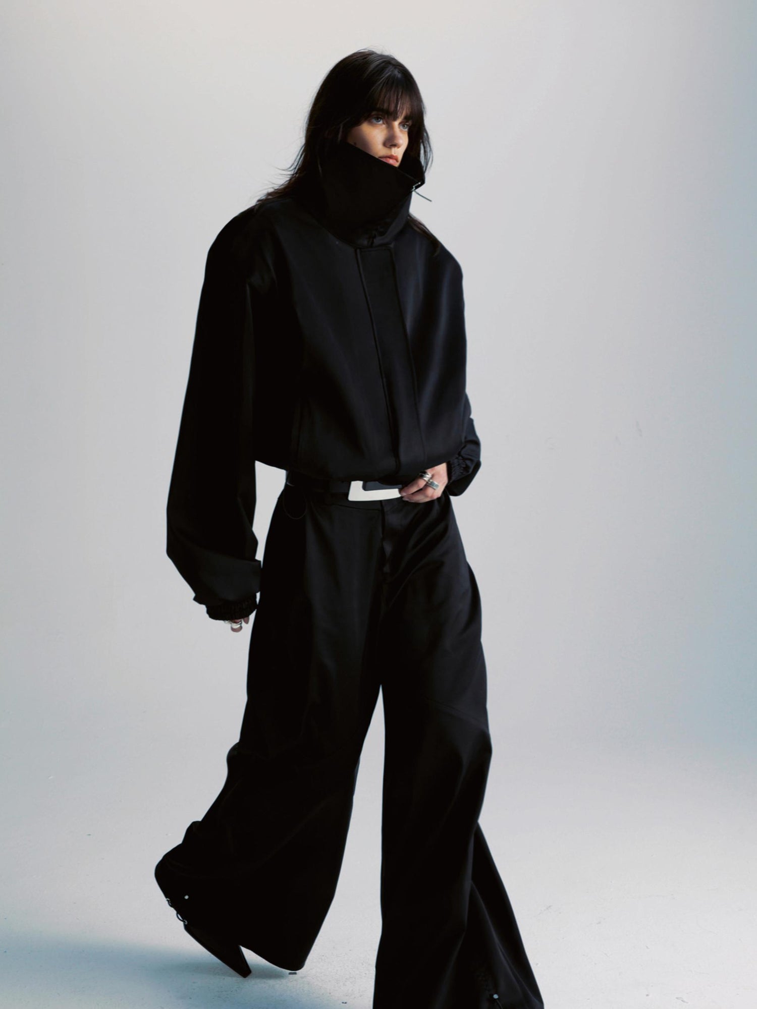 commonce net Black Wide Leg Pleated Pants with Drawstring Hem