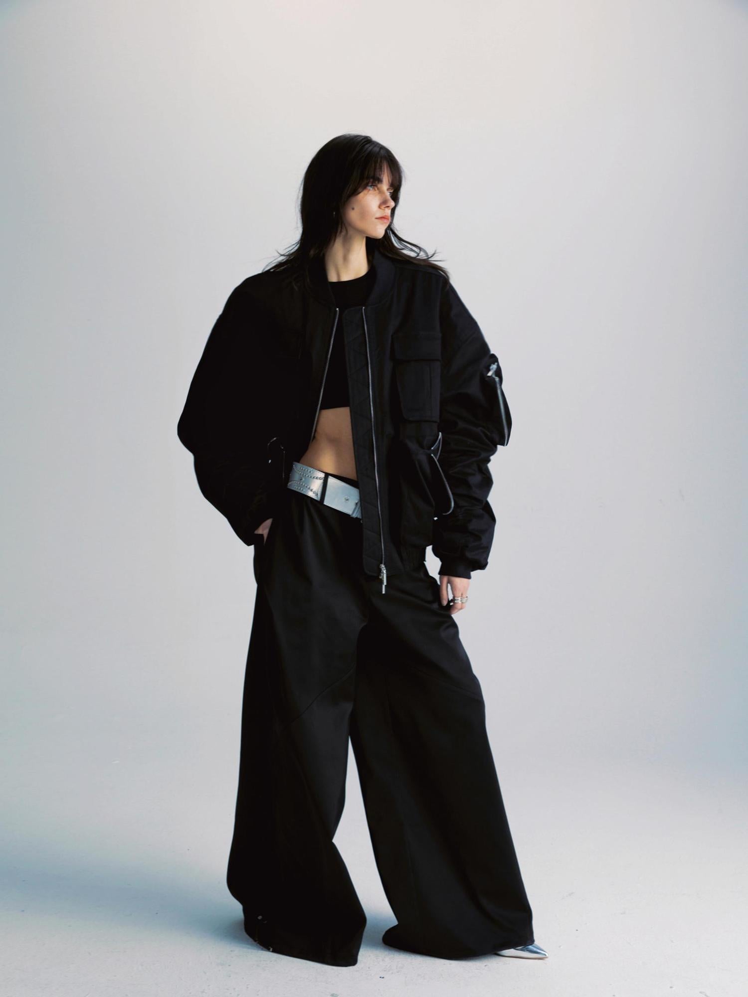 commonce net Black Wide Leg Pleated Pants with Drawstring Hem