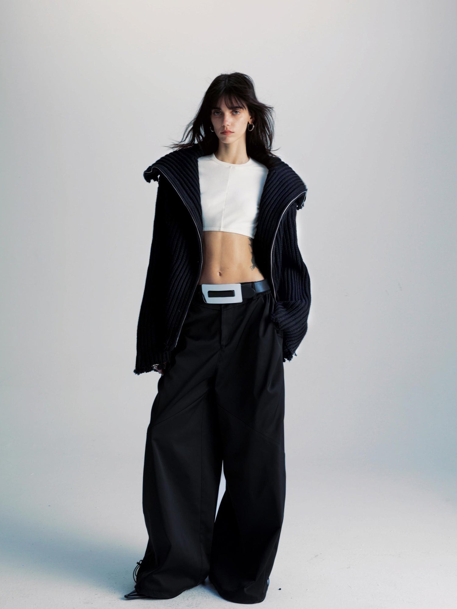 commonce net Black Wide Leg Pleated Pants with Drawstring Hem