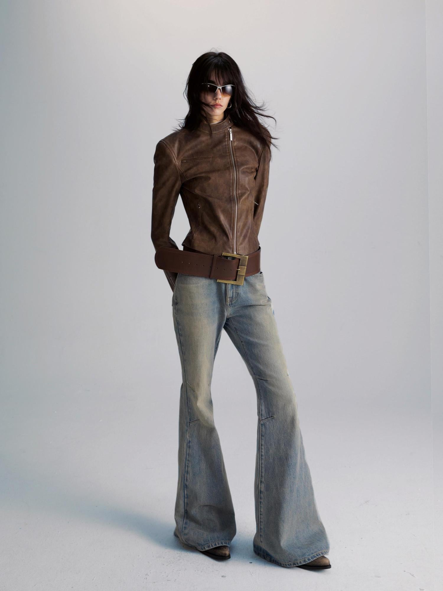 commonce net Brown Two Way Diagonal Zipper PU Leather Biker Jacket