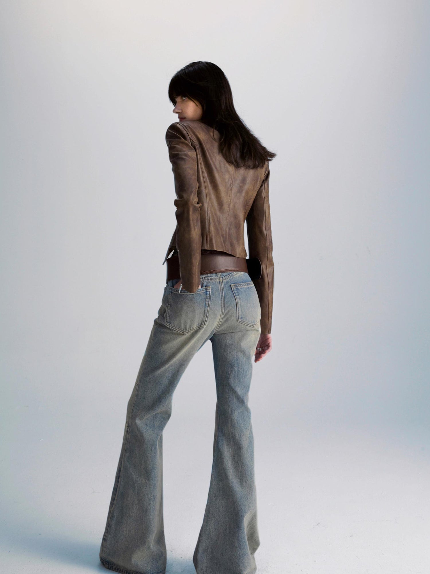 commonce net Brown Two Way Diagonal Zipper PU Leather Biker Jacket