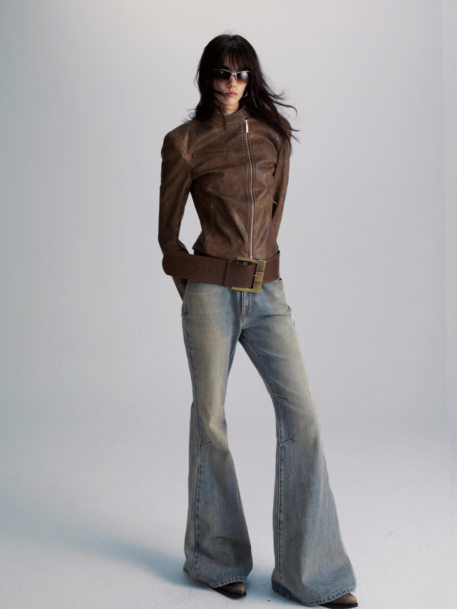 commonce net Brown Two Way Diagonal Zipper PU Leather Biker Jacket