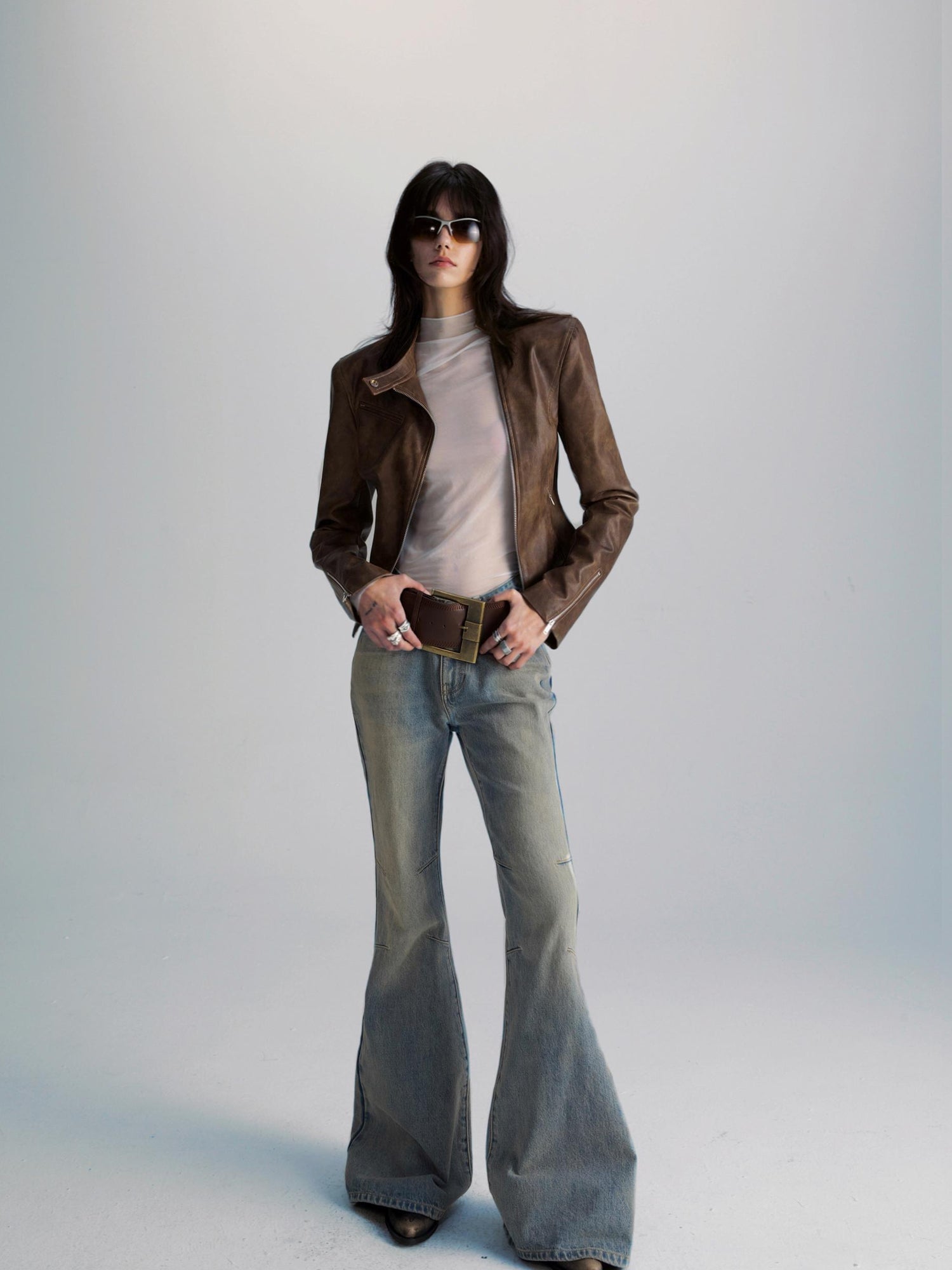 commonce net Brown Two Way Diagonal Zipper PU Leather Biker Jacket