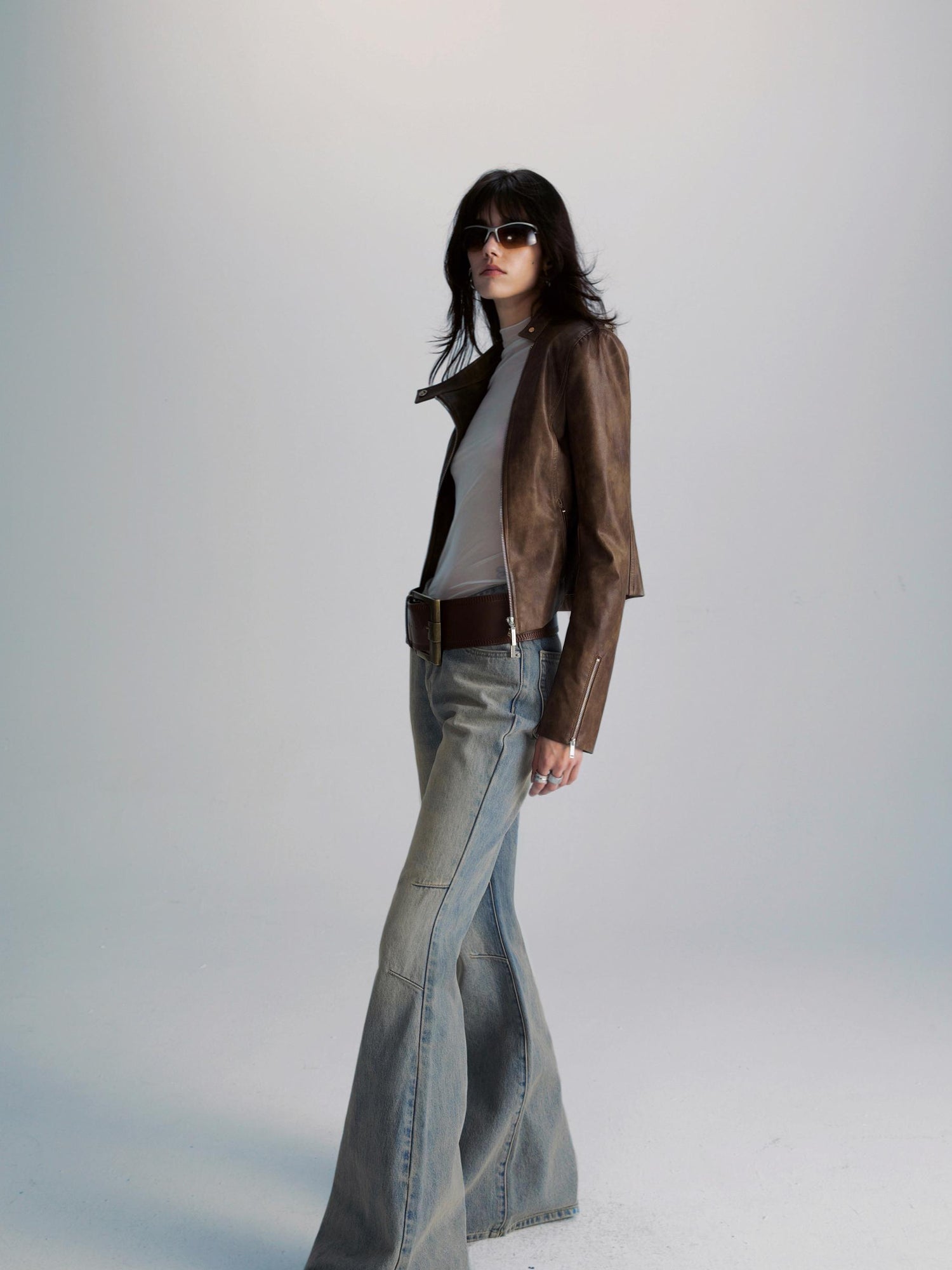 commonce net Brown Two Way Diagonal Zipper PU Leather Biker Jacket