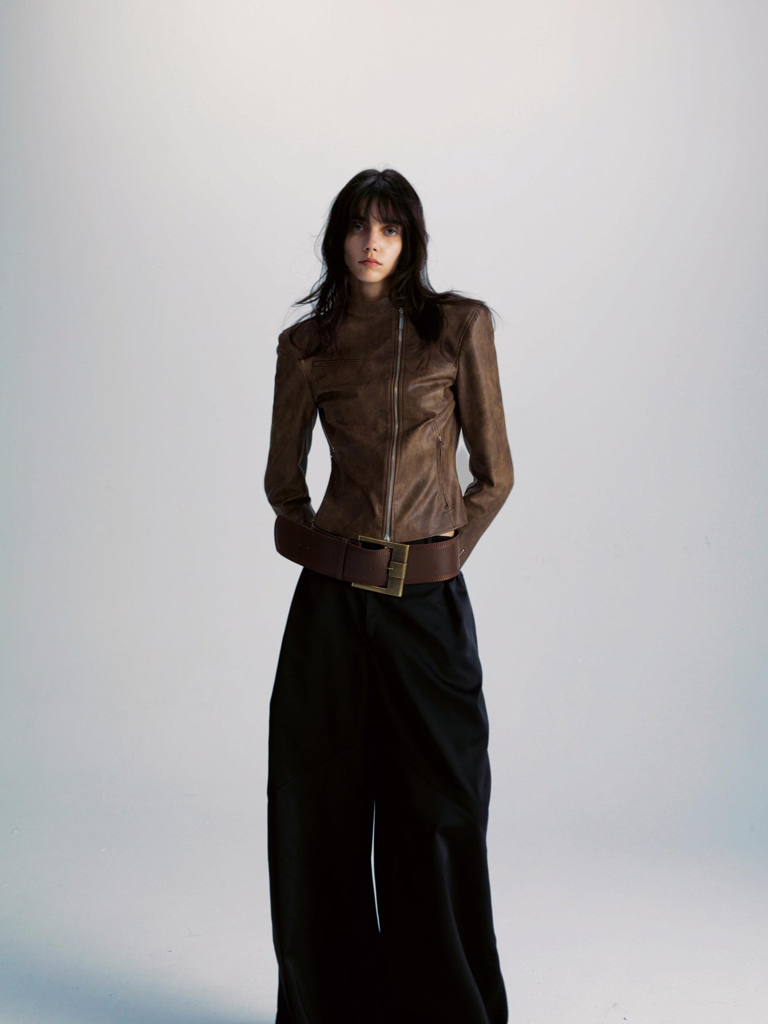 commonce net Brown Two Way Diagonal Zipper PU Leather Biker Jacket