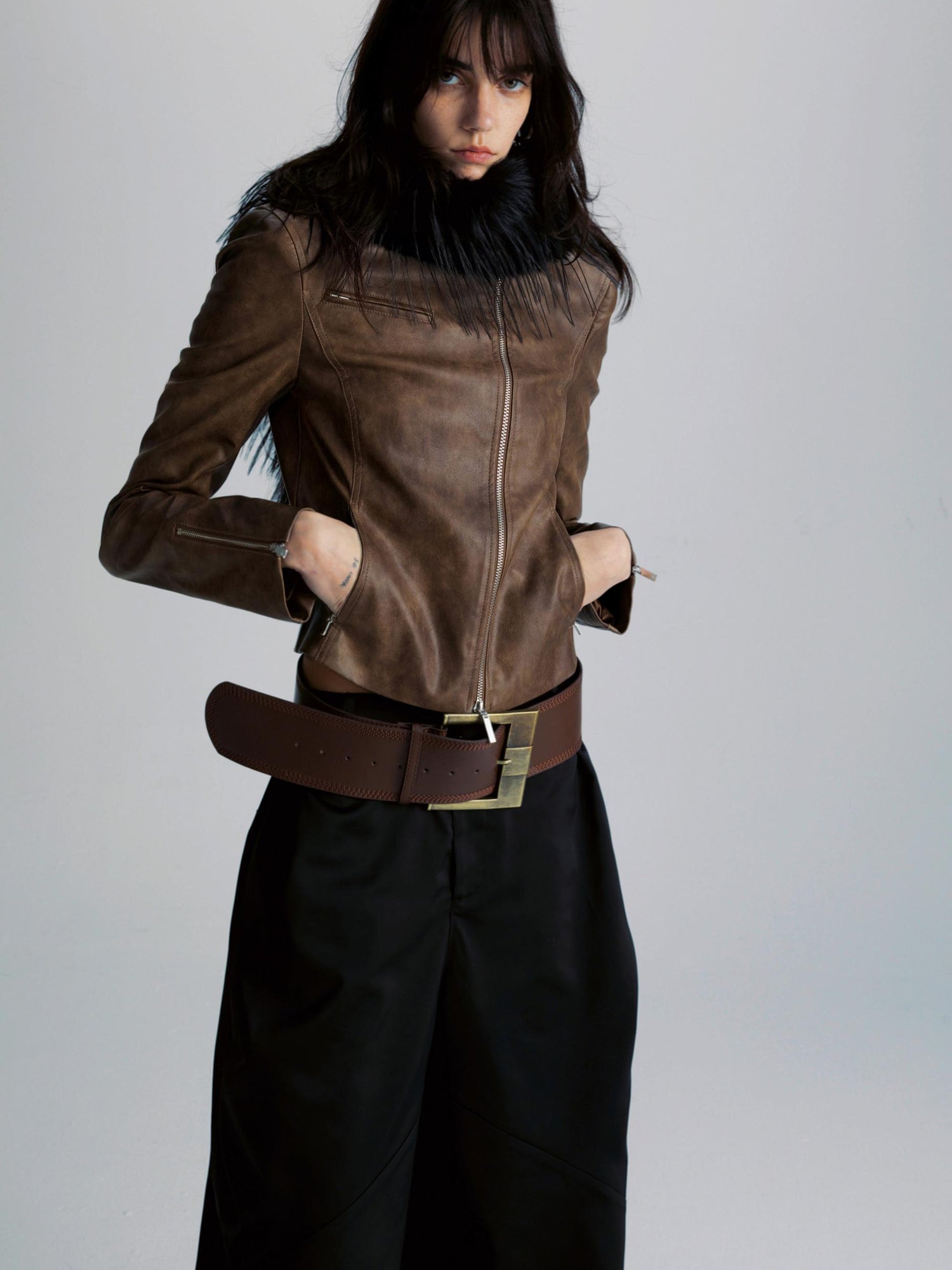 commonce net Brown Two Way Diagonal Zipper PU Leather Biker Jacket