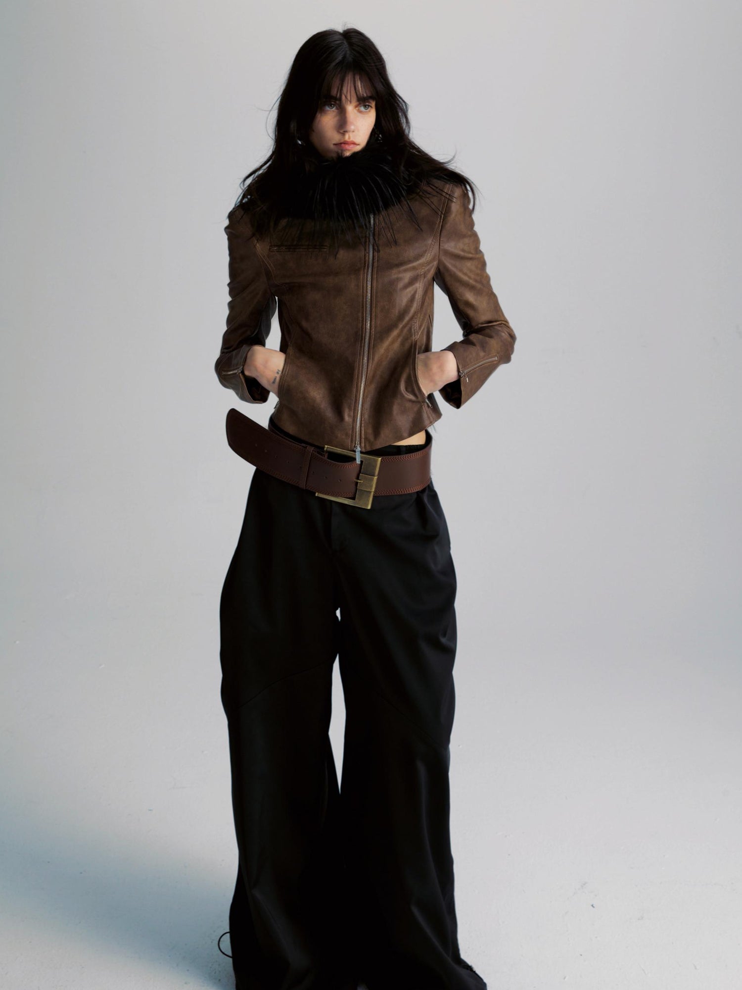 commonce net Brown Two Way Diagonal Zipper PU Leather Biker Jacket