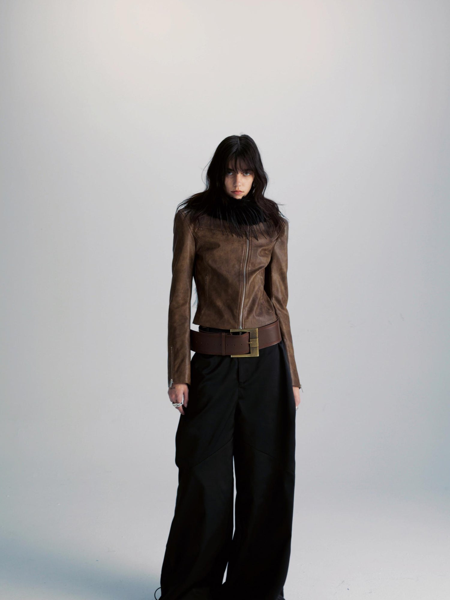 commonce net Brown Two Way Diagonal Zipper PU Leather Biker Jacket