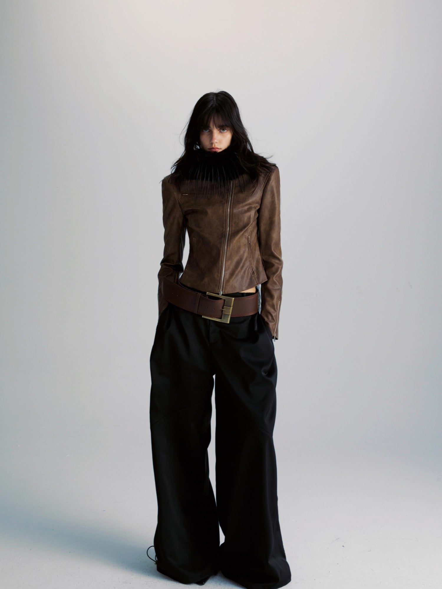 commonce net Brown Two Way Diagonal Zipper PU Leather Biker Jacket