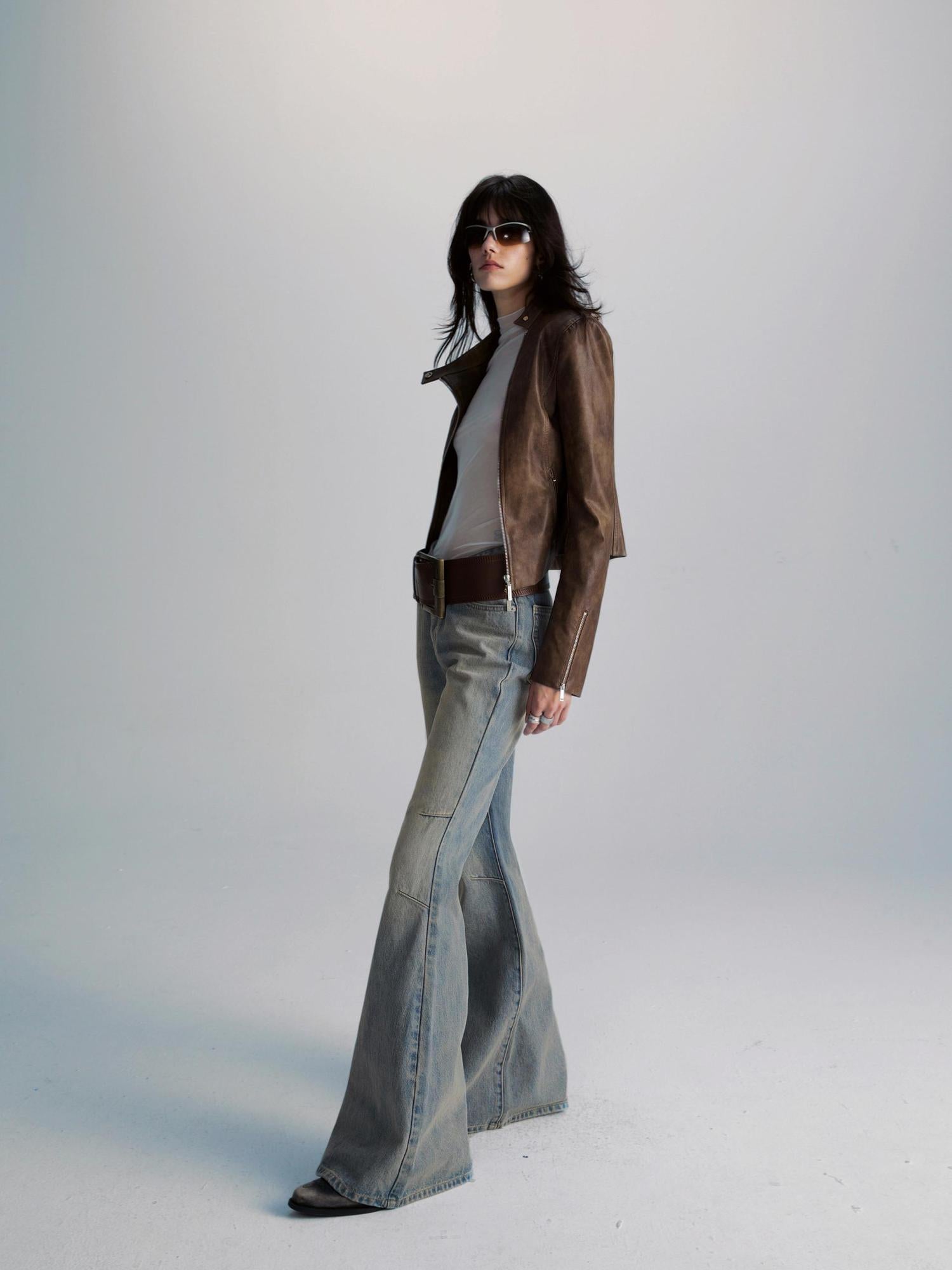 commonce net Brown Two Way Diagonal Zipper PU Leather Biker Jacket