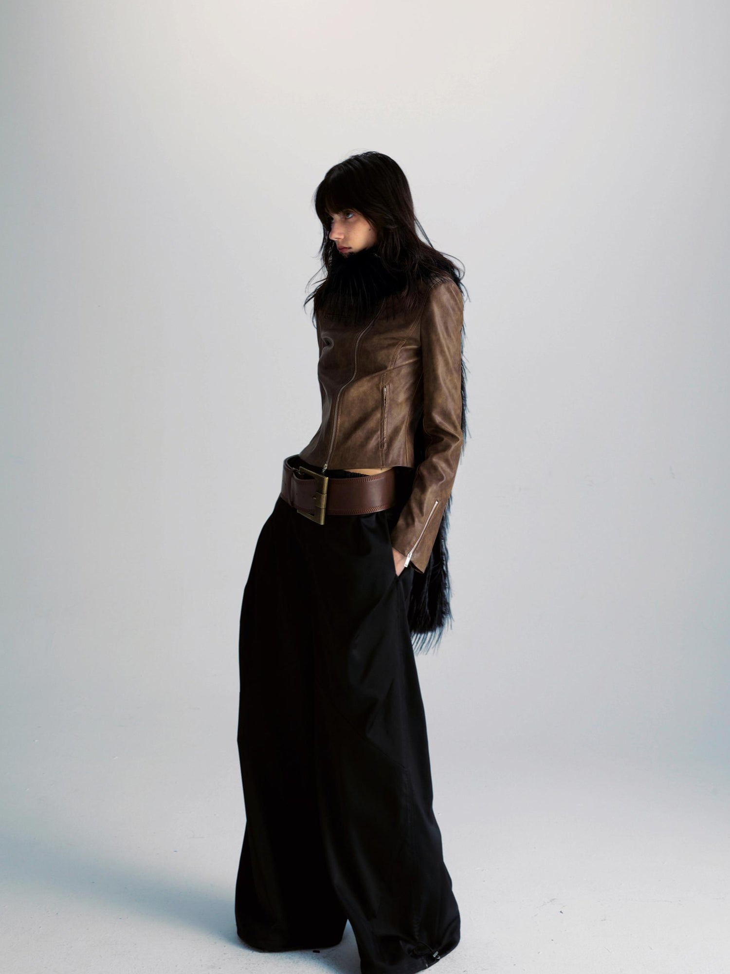 commonce net Brown Two Way Diagonal Zipper PU Leather Biker Jacket