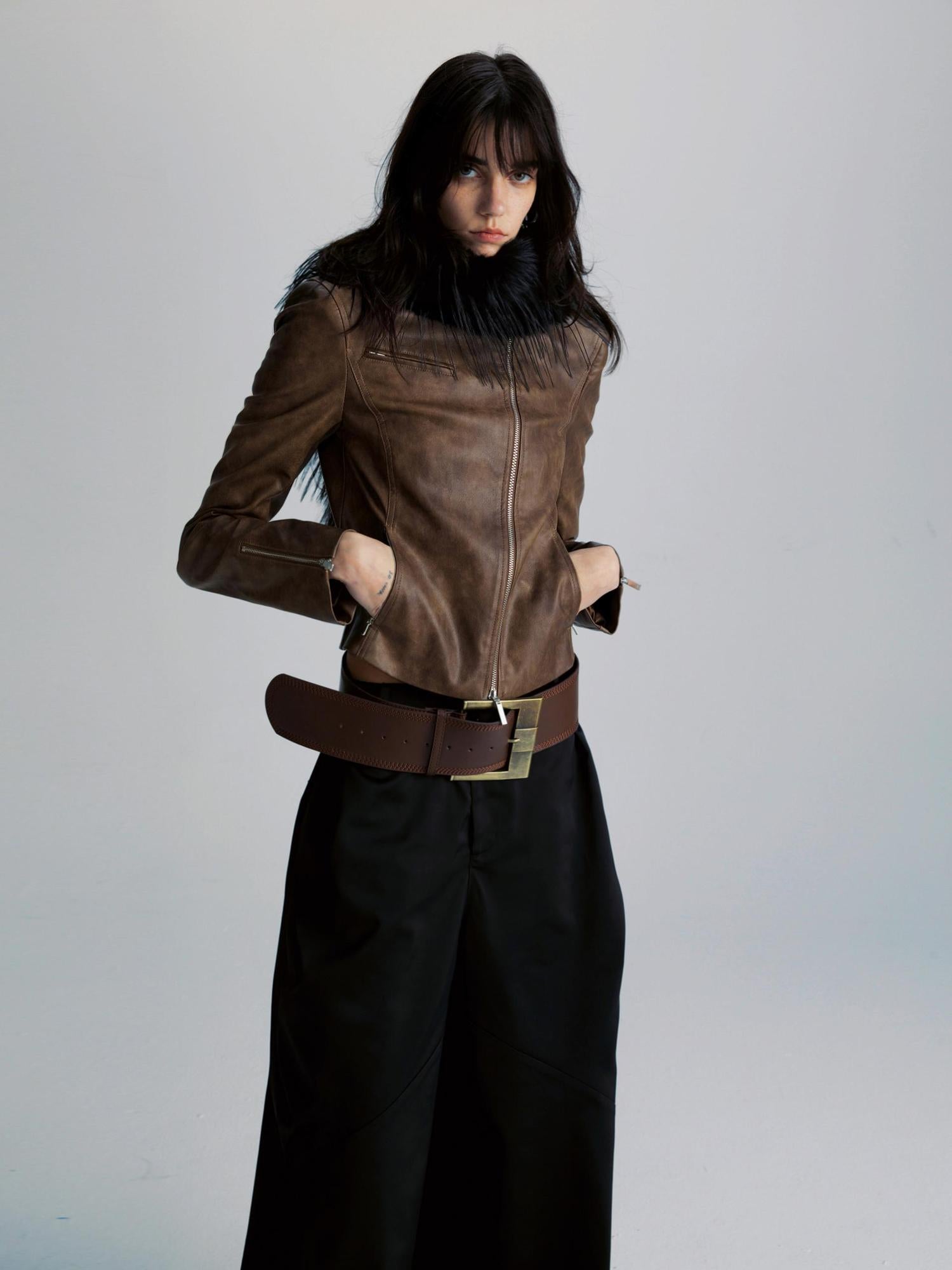 commonce net Brown Two Way Diagonal Zipper PU Leather Biker Jacket