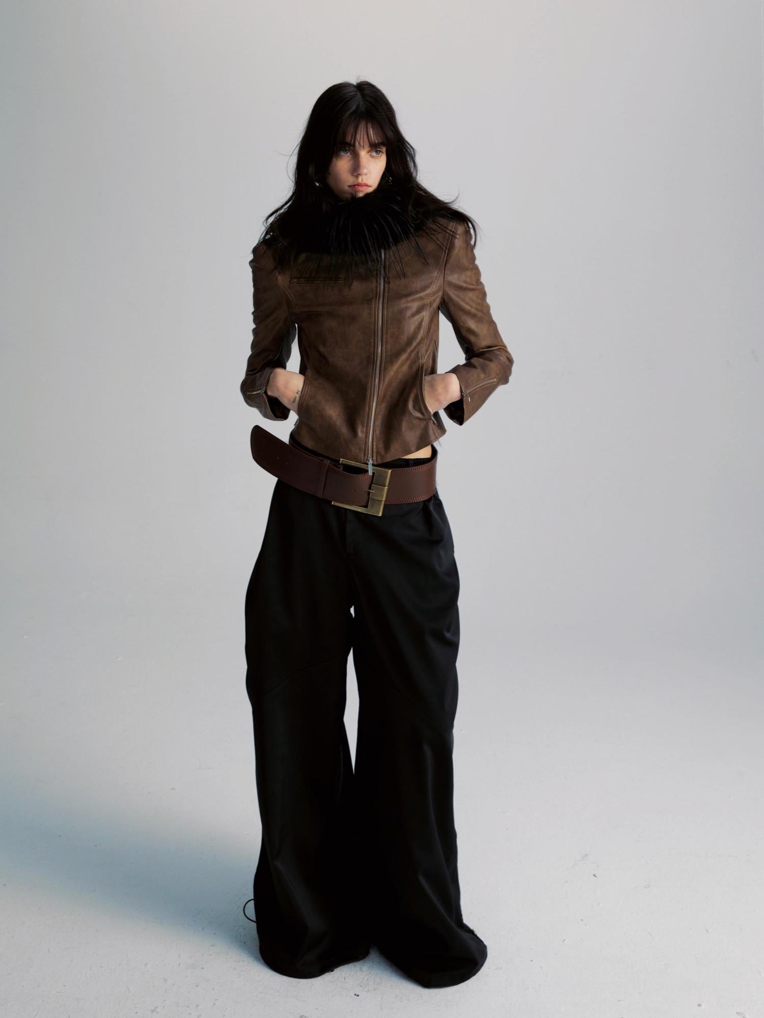 commonce net Brown Two Way Diagonal Zipper PU Leather Biker Jacket