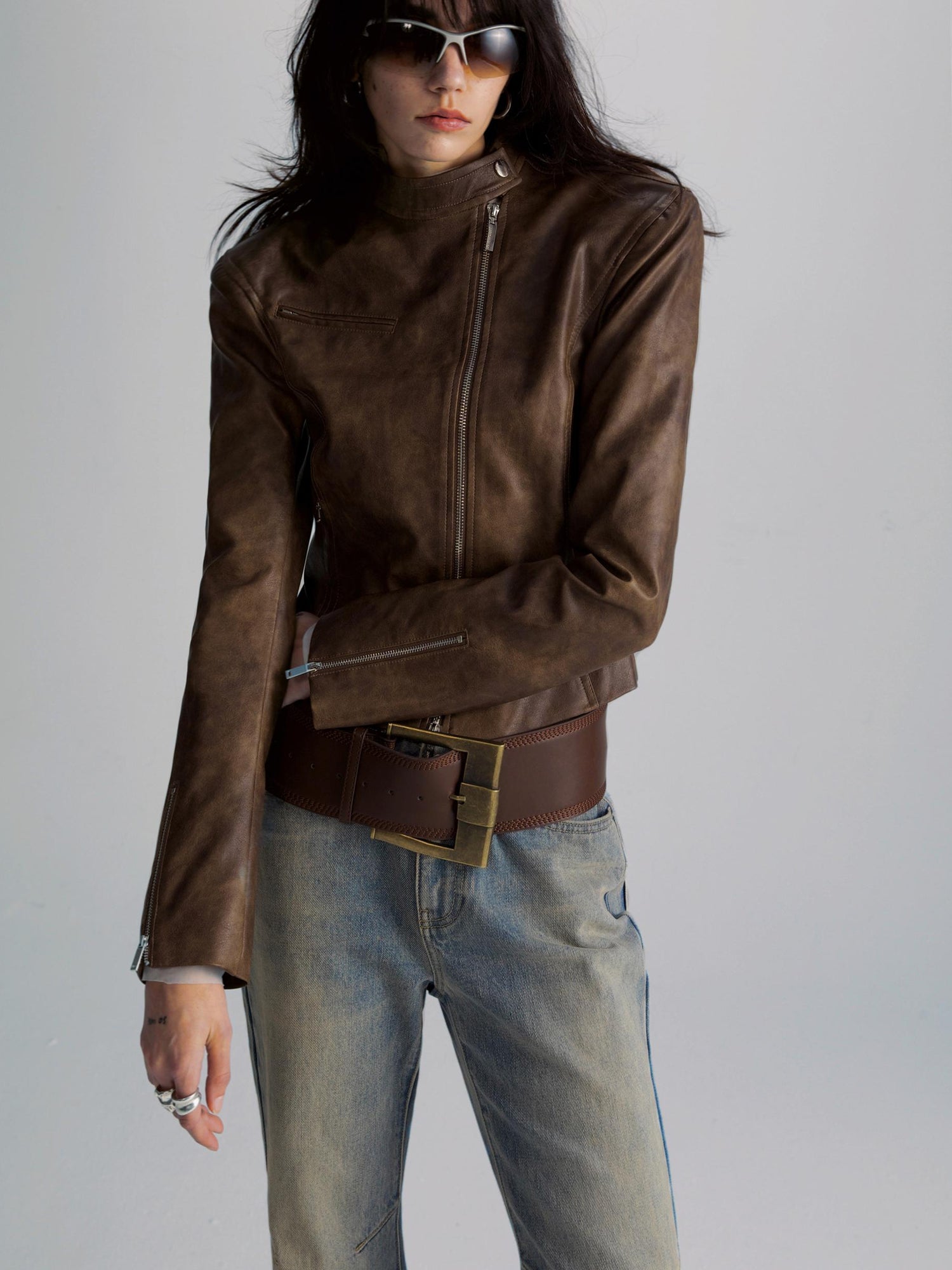 commonce net Brown Two Way Diagonal Zipper PU Leather Biker Jacket