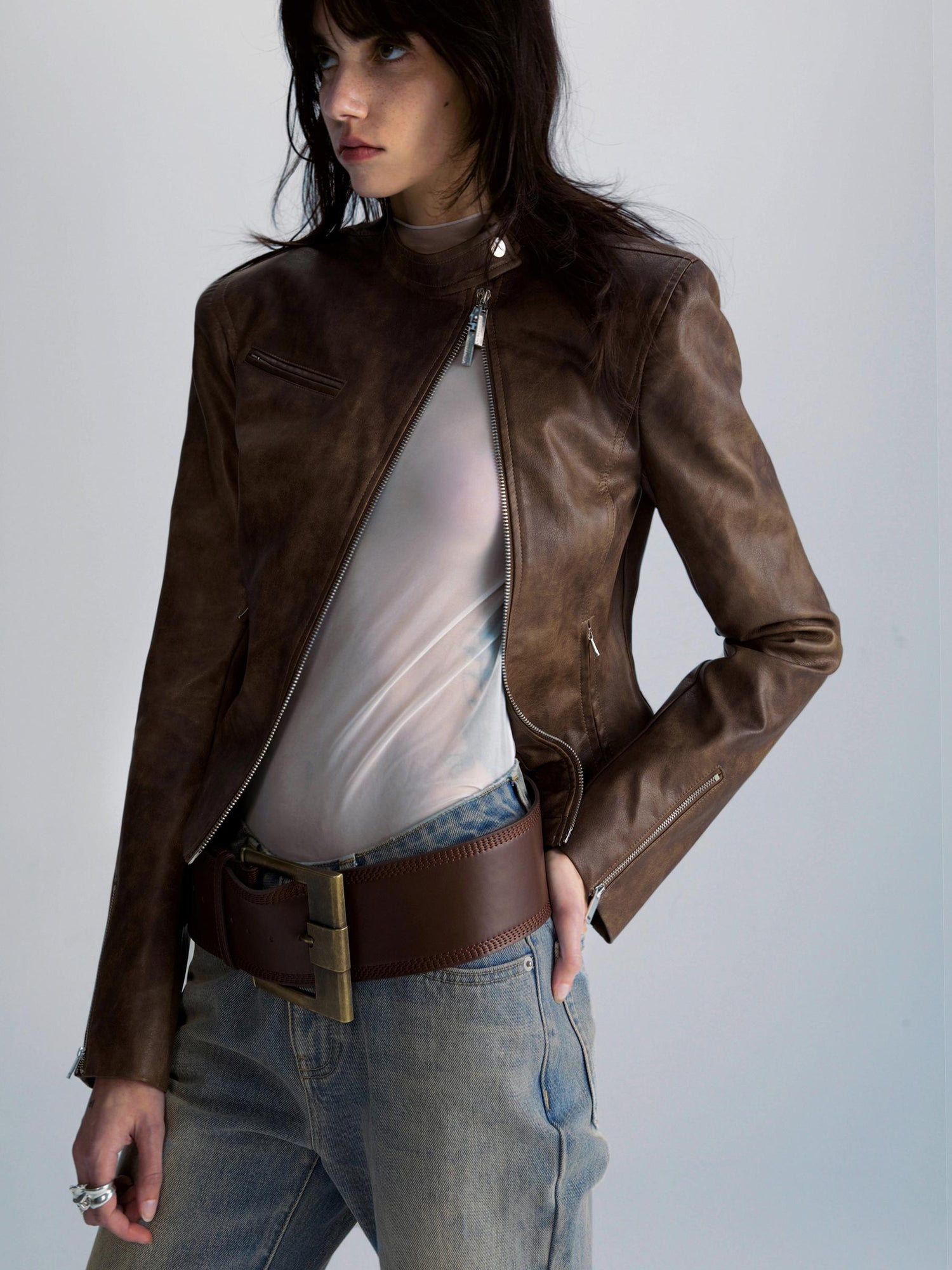 commonce net Brown Two Way Diagonal Zipper PU Leather Biker Jacket