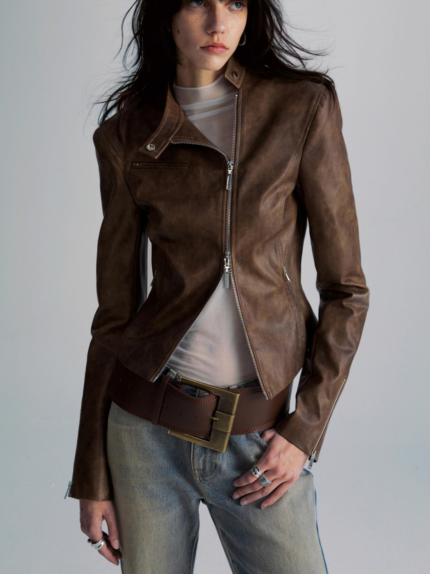 commonce net Brown Two Way Diagonal Zipper PU Leather Biker Jacket