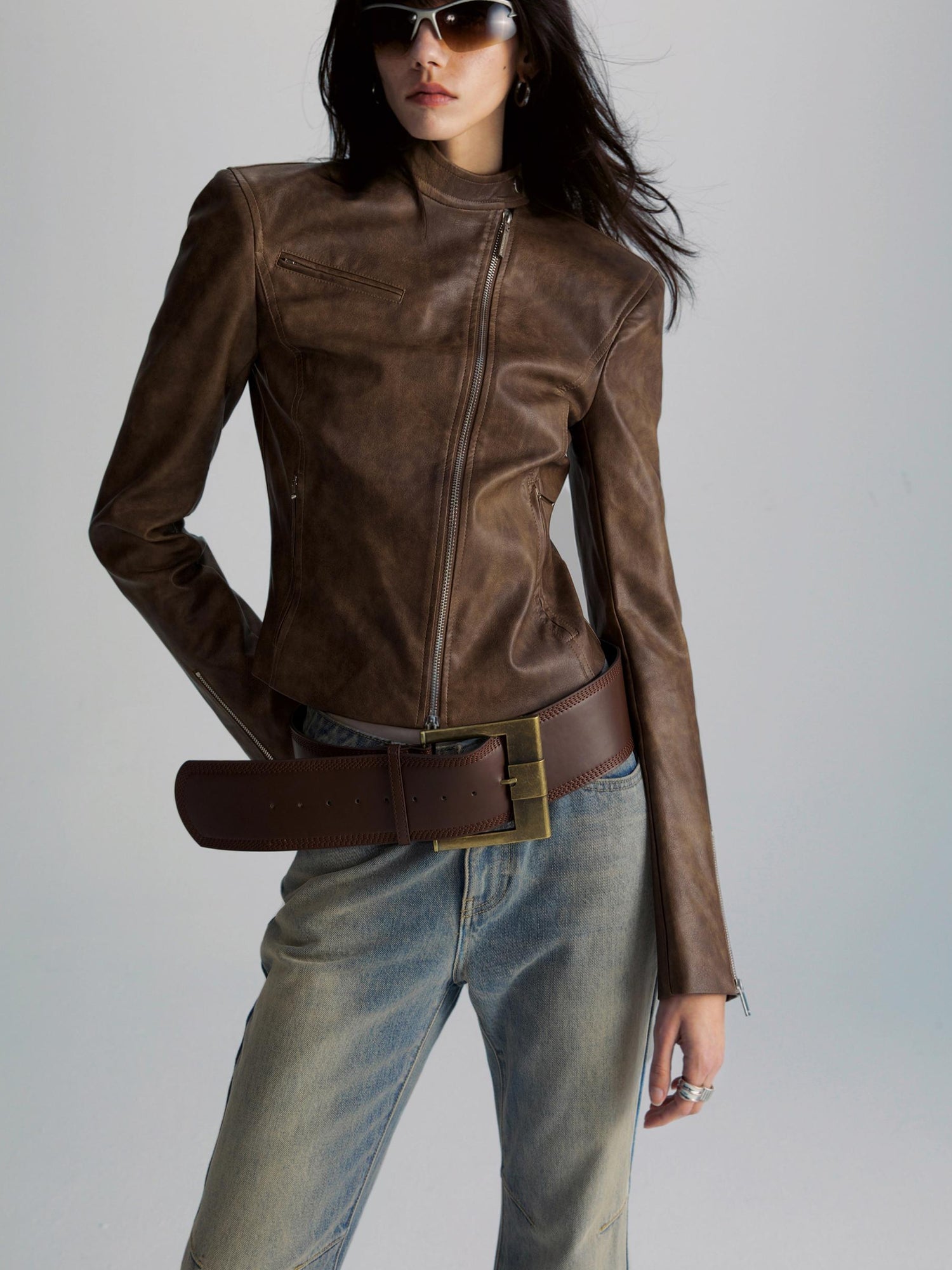 commonce net Brown Two Way Diagonal Zipper PU Leather Biker Jacket