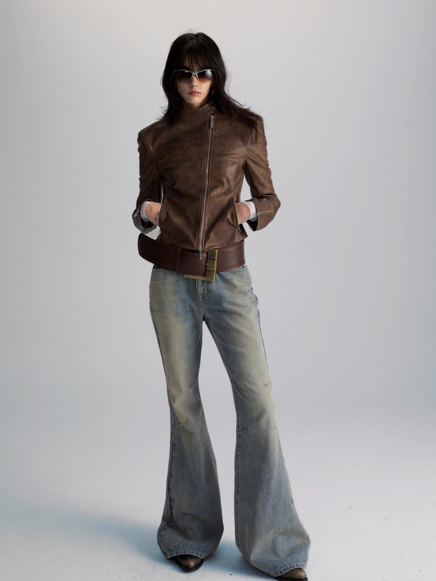 commonce net Brown Two Way Diagonal Zipper PU Leather Biker Jacket