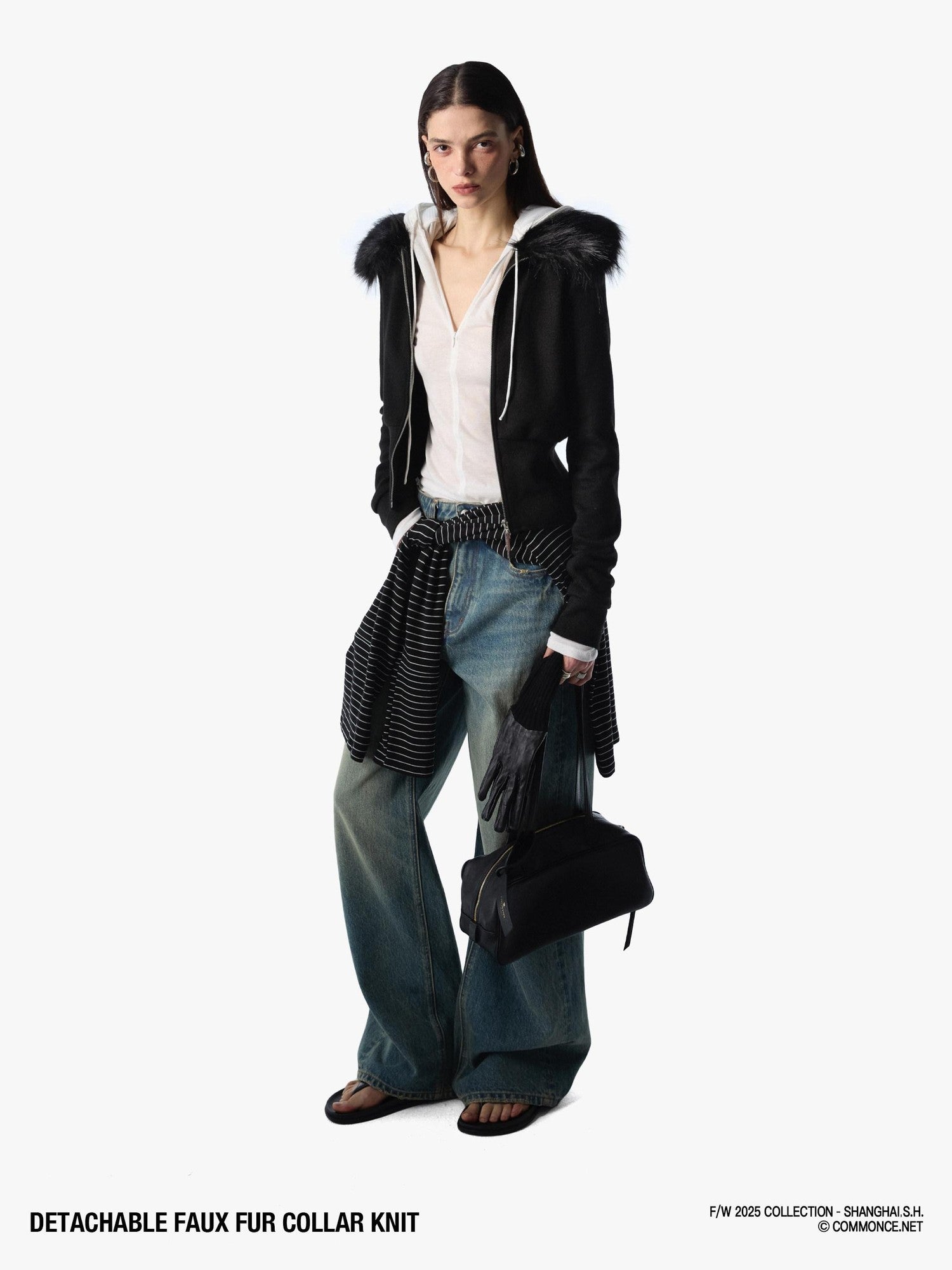 commonce net Coffee Detachable Fur Collar Diagonal Zipper Short Women&