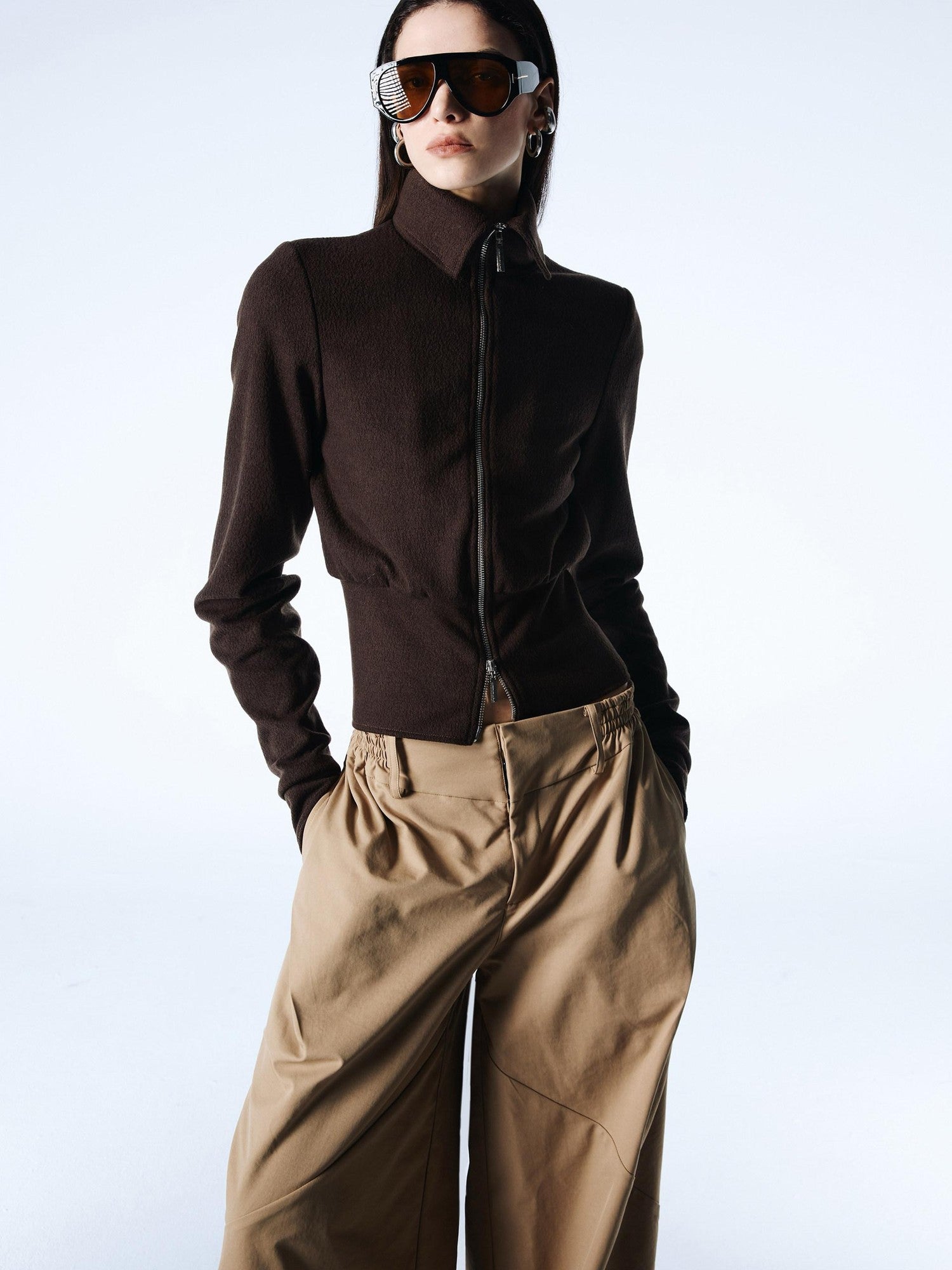 commonce net Coffee Detachable Fur Collar Diagonal Zipper Short Women&