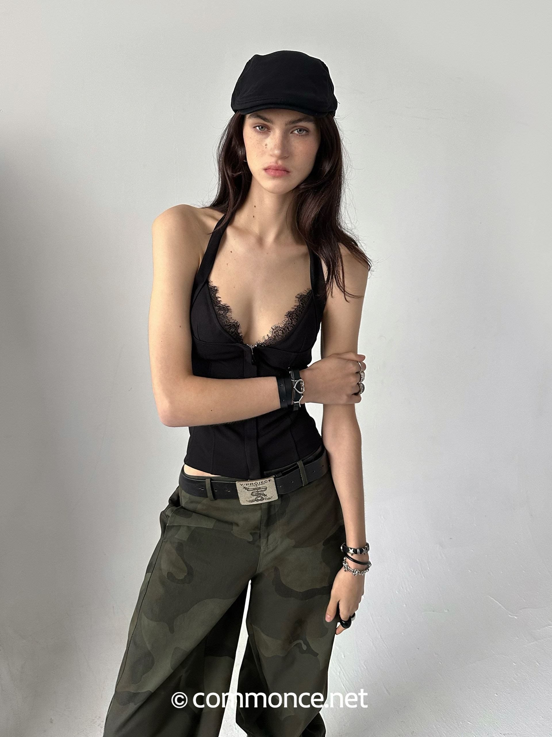 commonce_net_Cropped_Lace_Splice_Cinch_Waist_V-neck_Tie_Faux_Two_Piece_Women&
